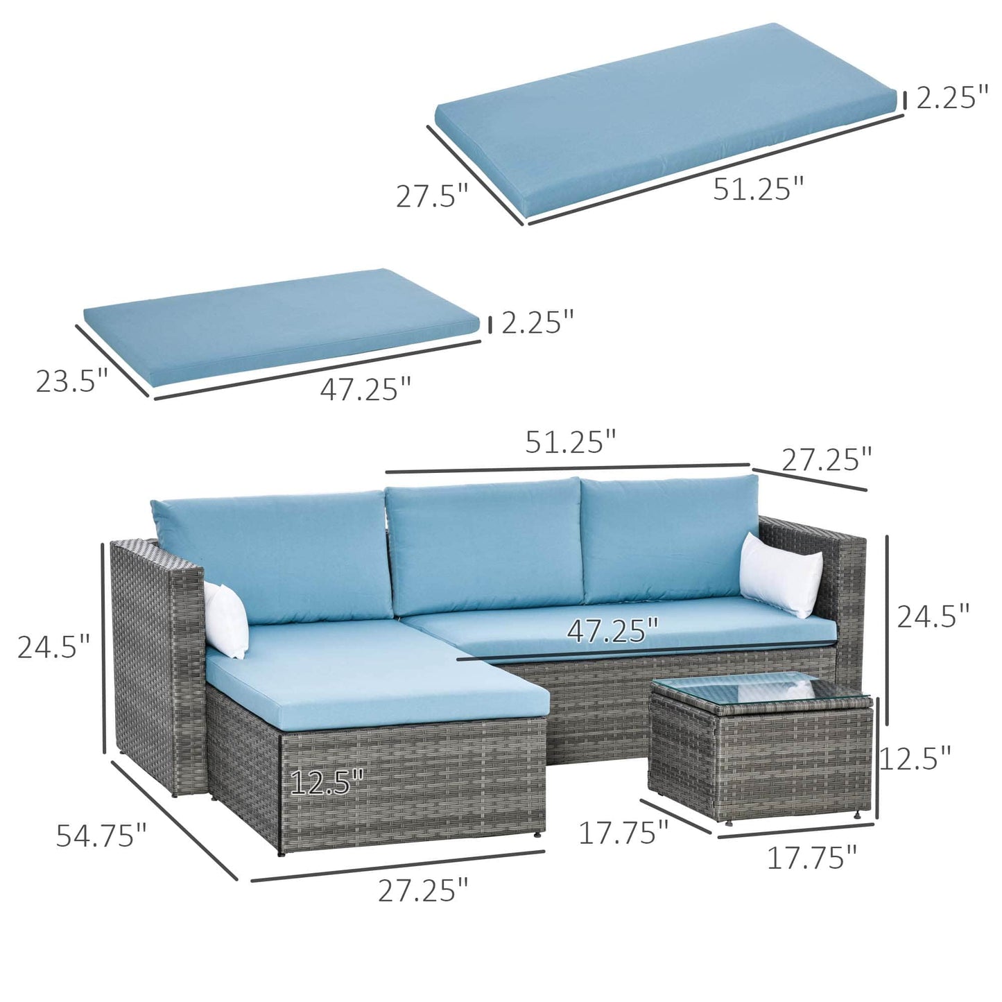 Aosom Sectional 3 Piece Modern Outdoor Patio Hand Woven Rattan Wicker Sectional Sofa with Coffee Table - Available in 2 Colours