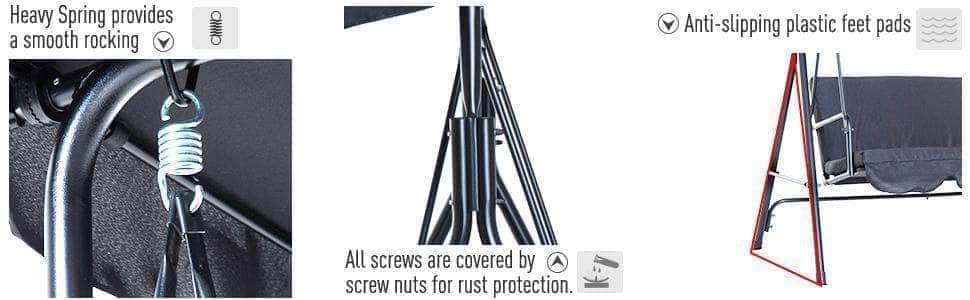 Aosom Swing Chair Outdoor Patio Porch 3-Seater Metal Swing Chair with Canopy and Cushioned Seat - Available in 5 Colours