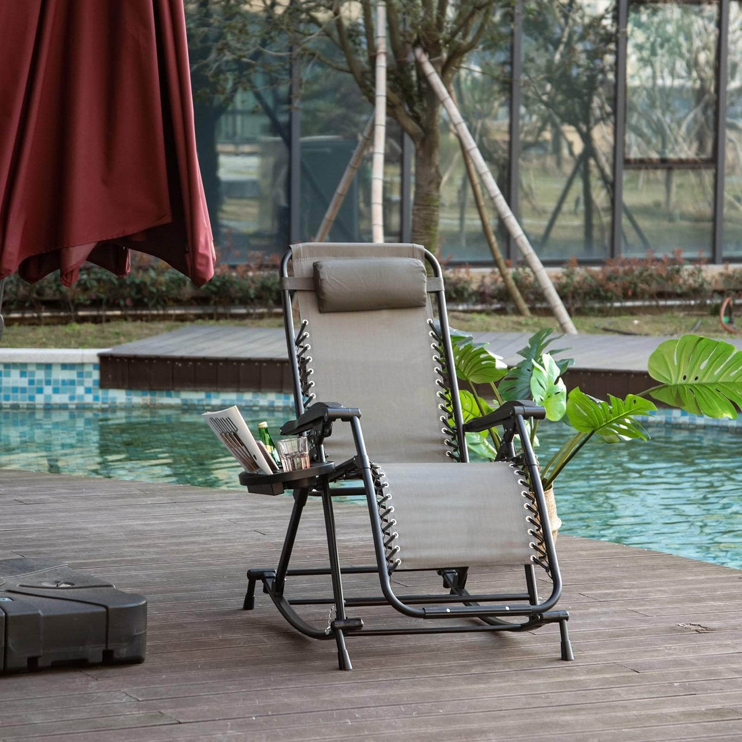 Pending - Aosom Lounge Chair 2 in 1 Adjustable Zero Gravity Reclining Lounge Chair Garden Recliner and Rocker Foldable Sun Lounger Napping Seat w/ Headrest & Tray - Available in 3 Colours