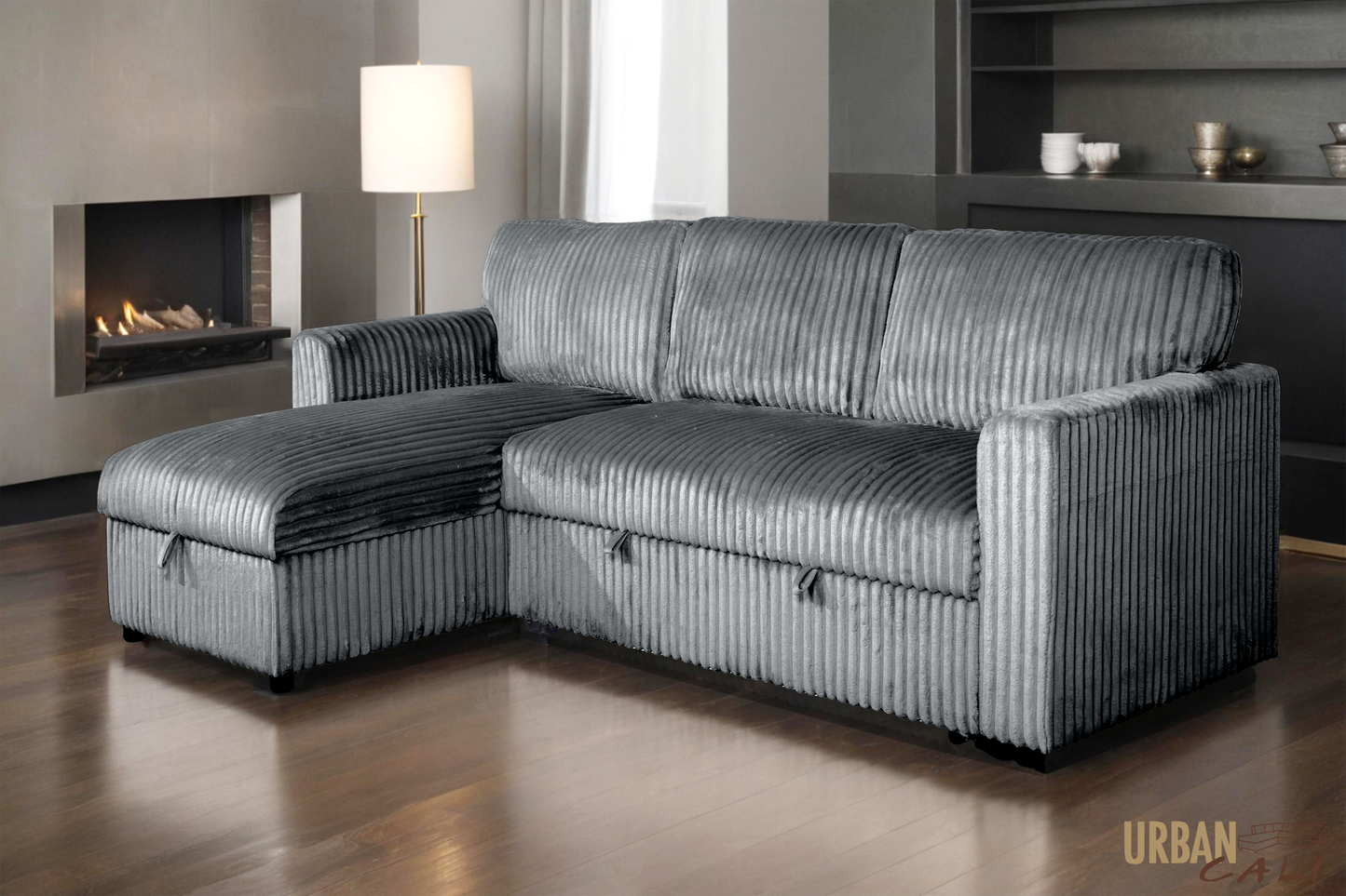 Calabasas Minky Corduroy Reversible Sleeper Sectional Sofa Bed with Storage Chaise – Available in 2 Colours