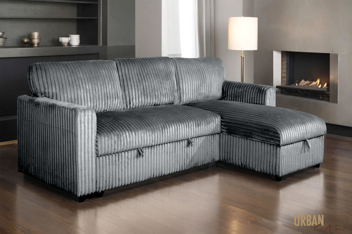 Calabasas Minky Corduroy Reversible Sleeper Sectional Sofa Bed with Storage Chaise – Available in 2 Colours