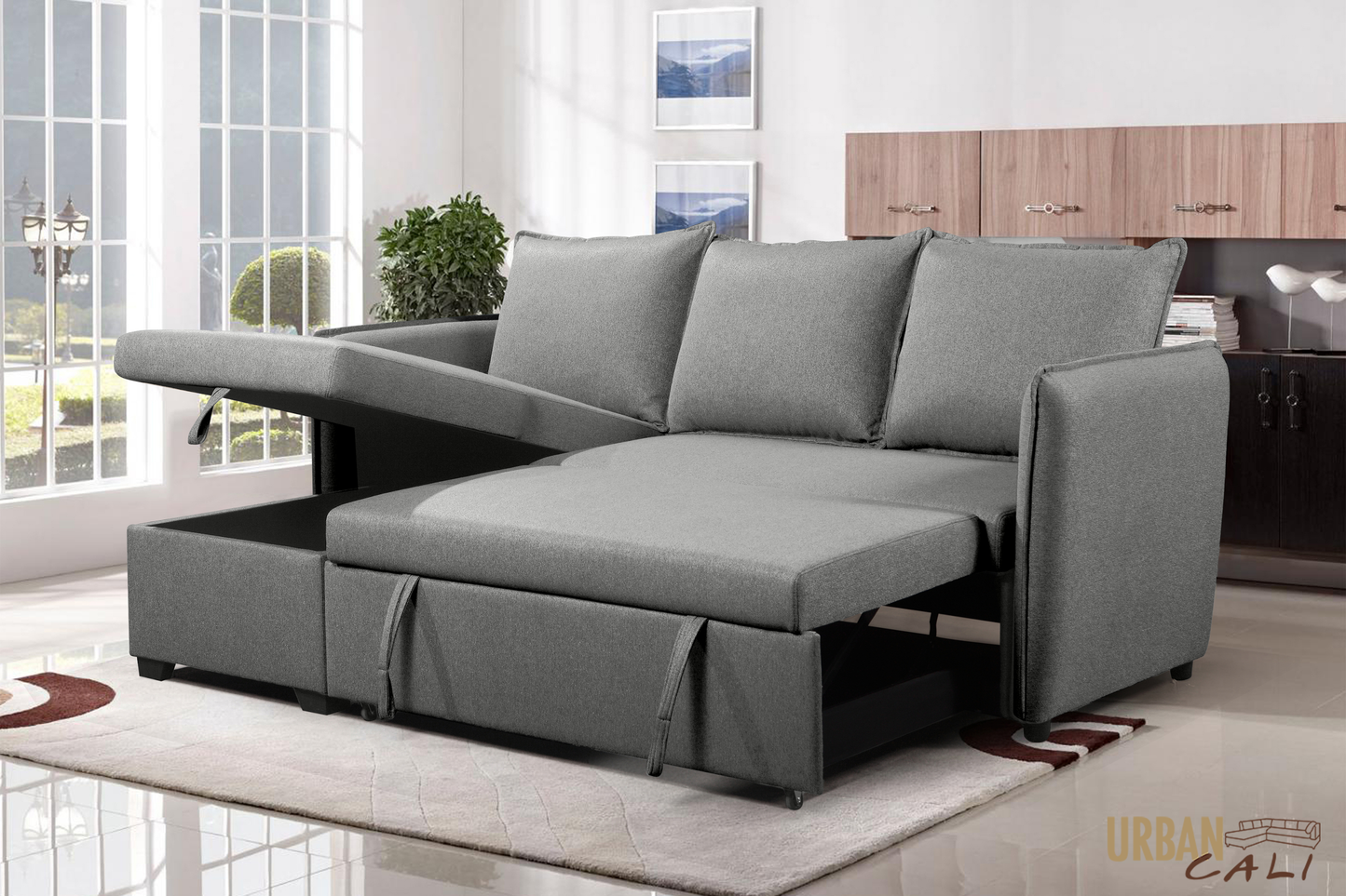 Laguna Sleeper Sectional Sofa Bed with Reversible Storage Chaise in Nela Ash