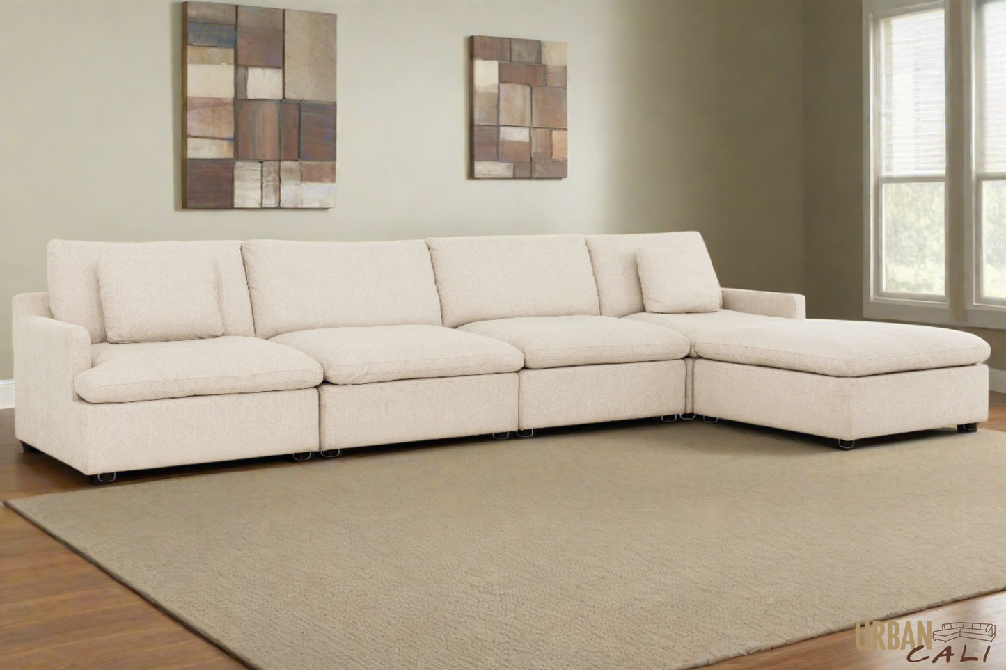 Long Beach Large Modular Sectional Sofa with Ottoman in Axel Beige - Available in 3 Colours