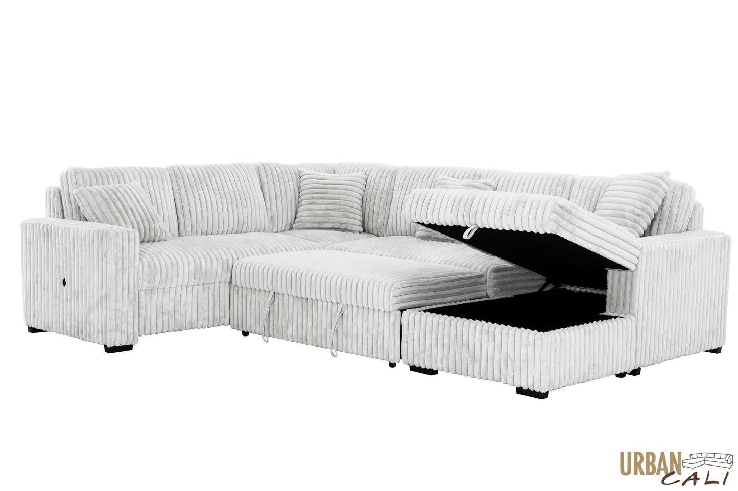 Urban Cali Sleeper Sectional Atherton Opulence Plush Light Grey Corduroy Large Sleeper Sectional Sofa Bed with Storage Chaise