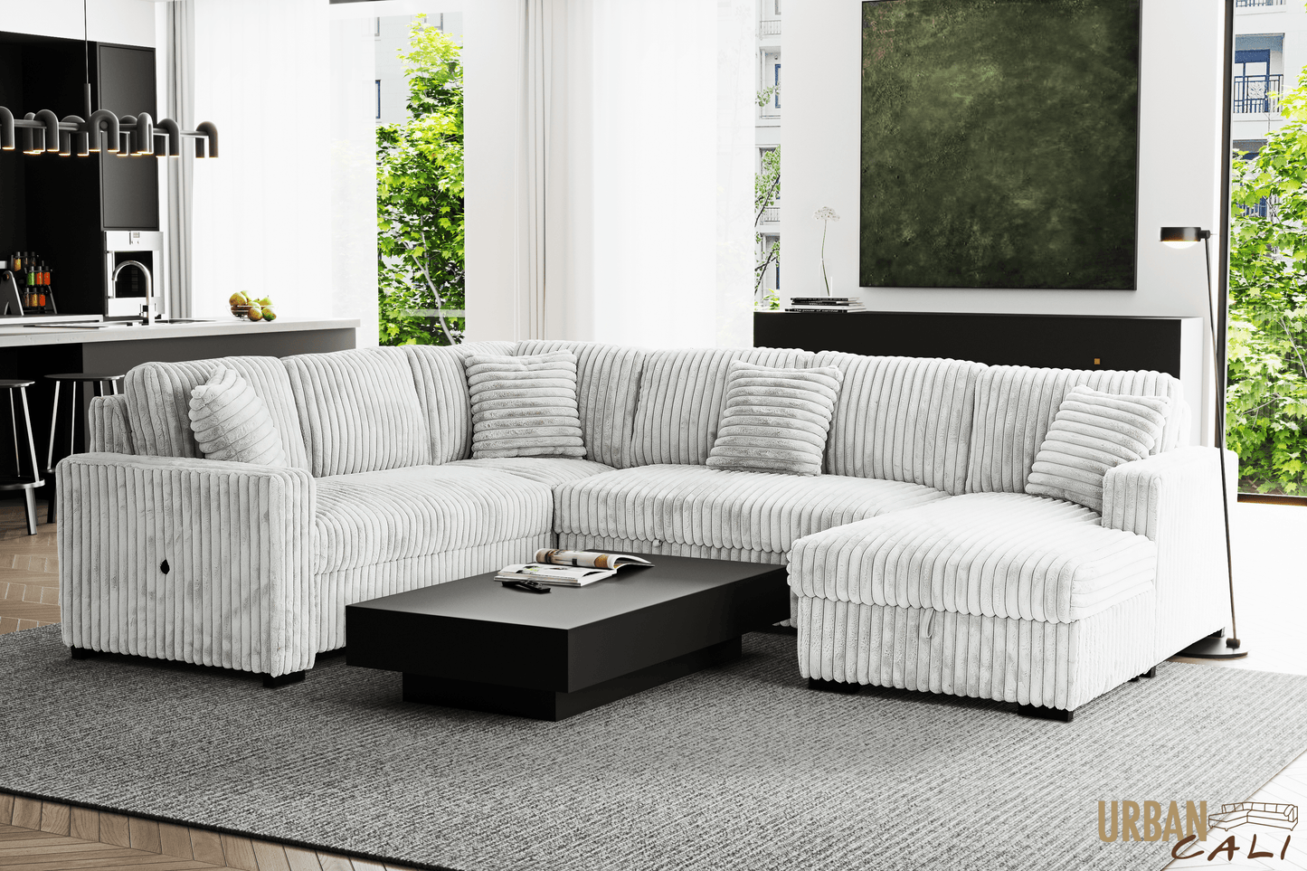 Urban Cali Sleeper Sectional Atherton Opulence Plush Light Grey Corduroy Large Sleeper Sectional Sofa Bed with Storage Chaise