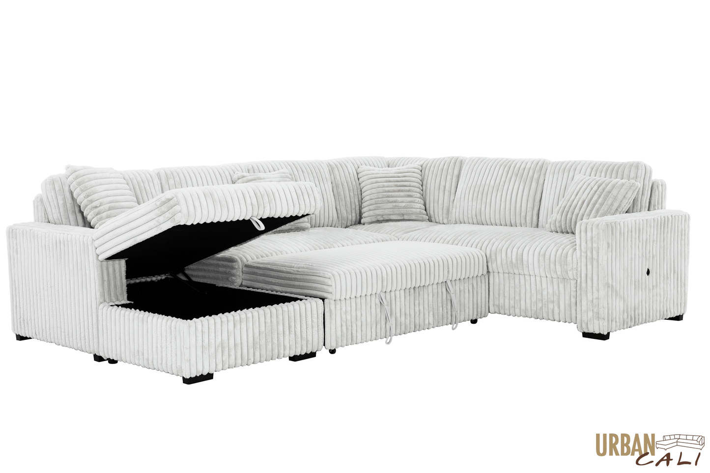 Urban Cali Sleeper Sectional Atherton Opulence Plush Light Grey Corduroy Large Sleeper Sectional Sofa Bed with Storage Chaise
