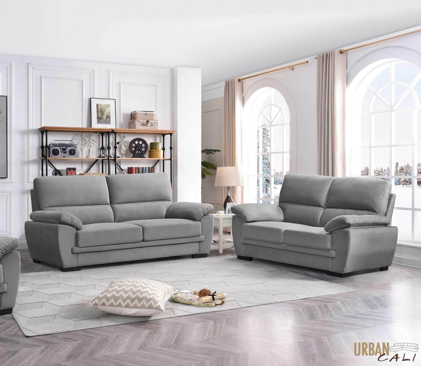 Pending - Urban Cali Monterey 2 Piece Pillow Top Arm Sofa and Loveseat Set in Cotton Fabric - Available in 2 Colours