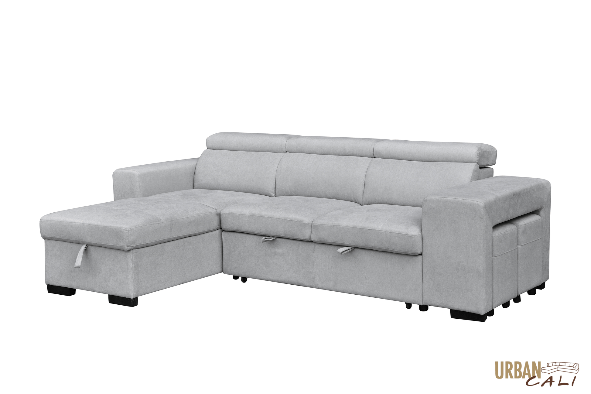 Urban Cali Sectional Sonoma Sleeper Sectional Sofa Bed with Reversible Storage Chaise and 2 Stools in Canvas Grey