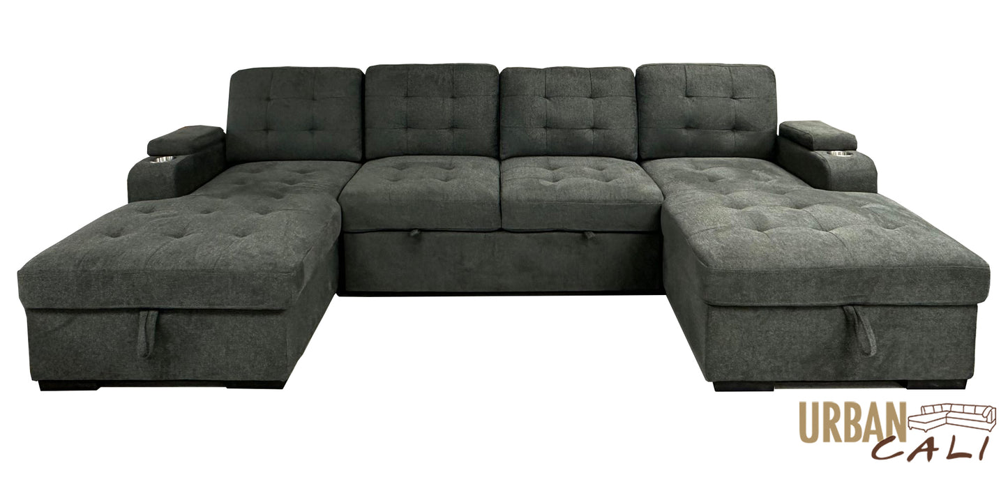 Lancaster U-Shaped Sleeper Sectional Sofa Bed with Storage Chaises in Belfast Charcoal