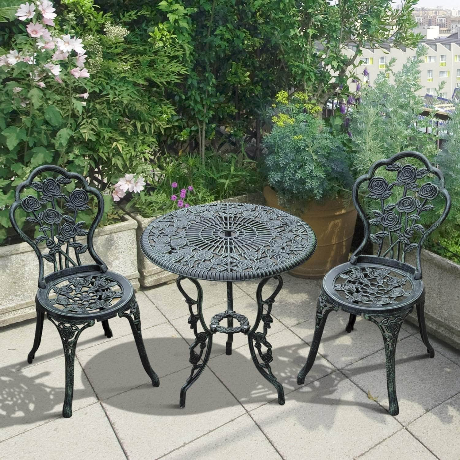 Aosom Dining Set 3 Piece Outdoor Patio Garden Cast Aluminum Cafe Bistro Round Table and Chair Set - Available in 3 Colours