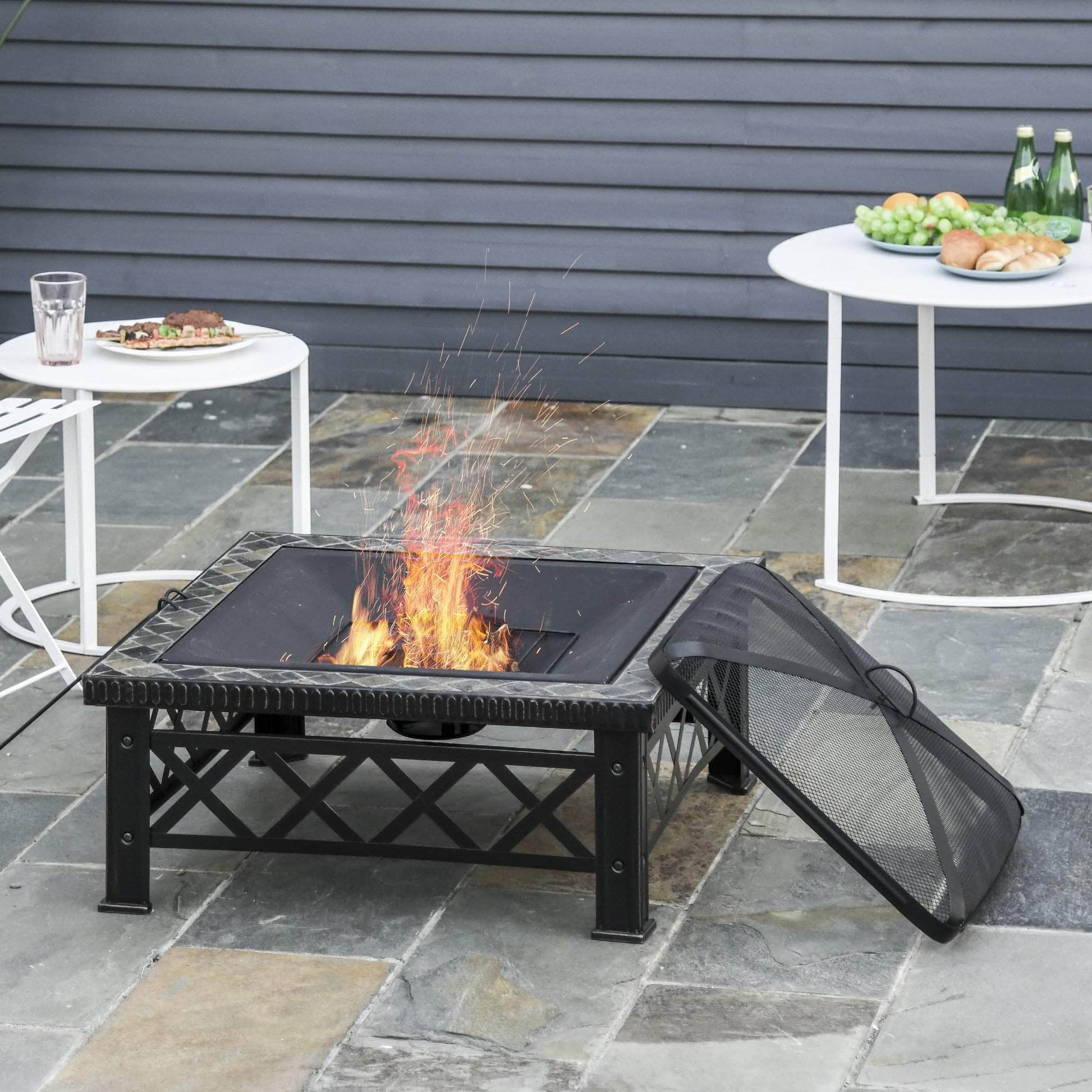 Pending - Aosom Fire Pit 30" Outdoor Steel Square Firepit Square Stove with Spark Screen Cover, Log Grate, Poker, Grill Net for Patio - Black