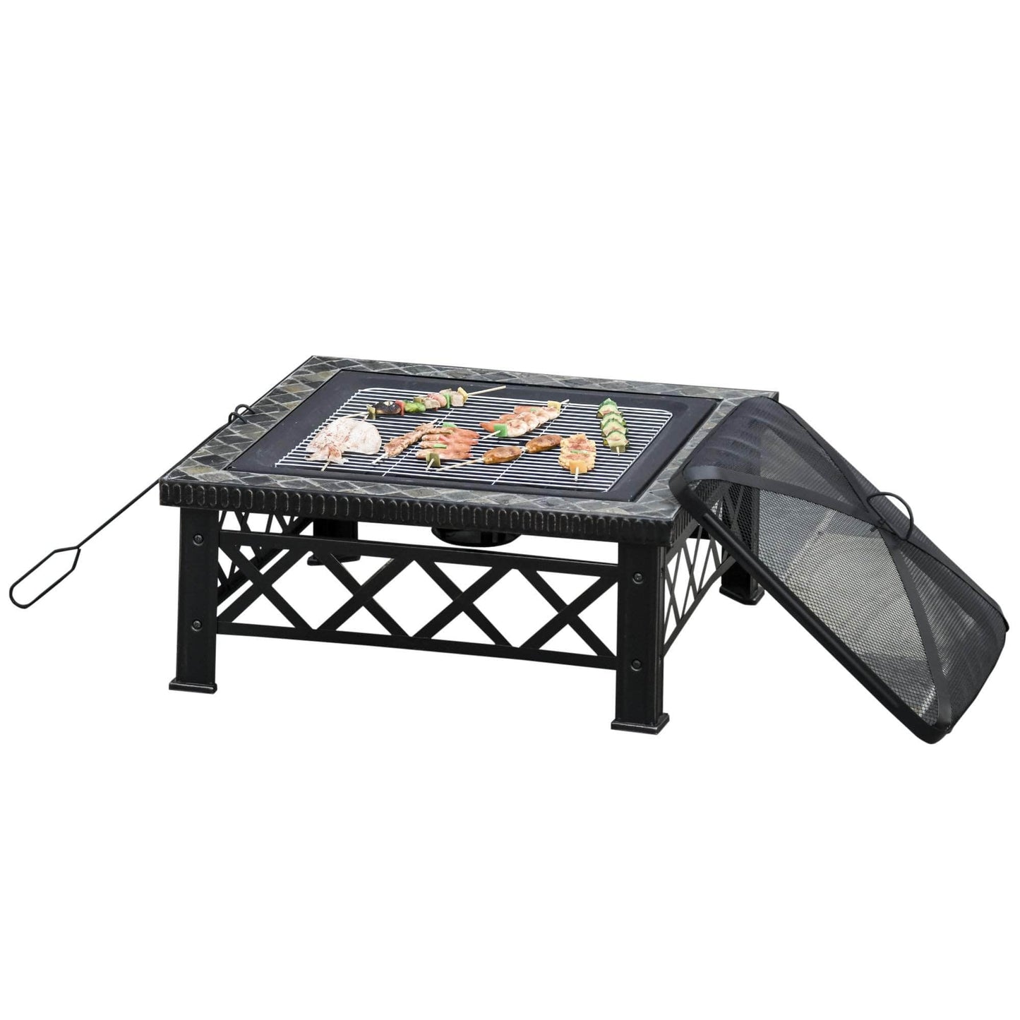 Pending - Aosom Fire Pit 30" Outdoor Steel Square Firepit Square Stove with Spark Screen Cover, Log Grate, Poker, Grill Net for Patio - Black