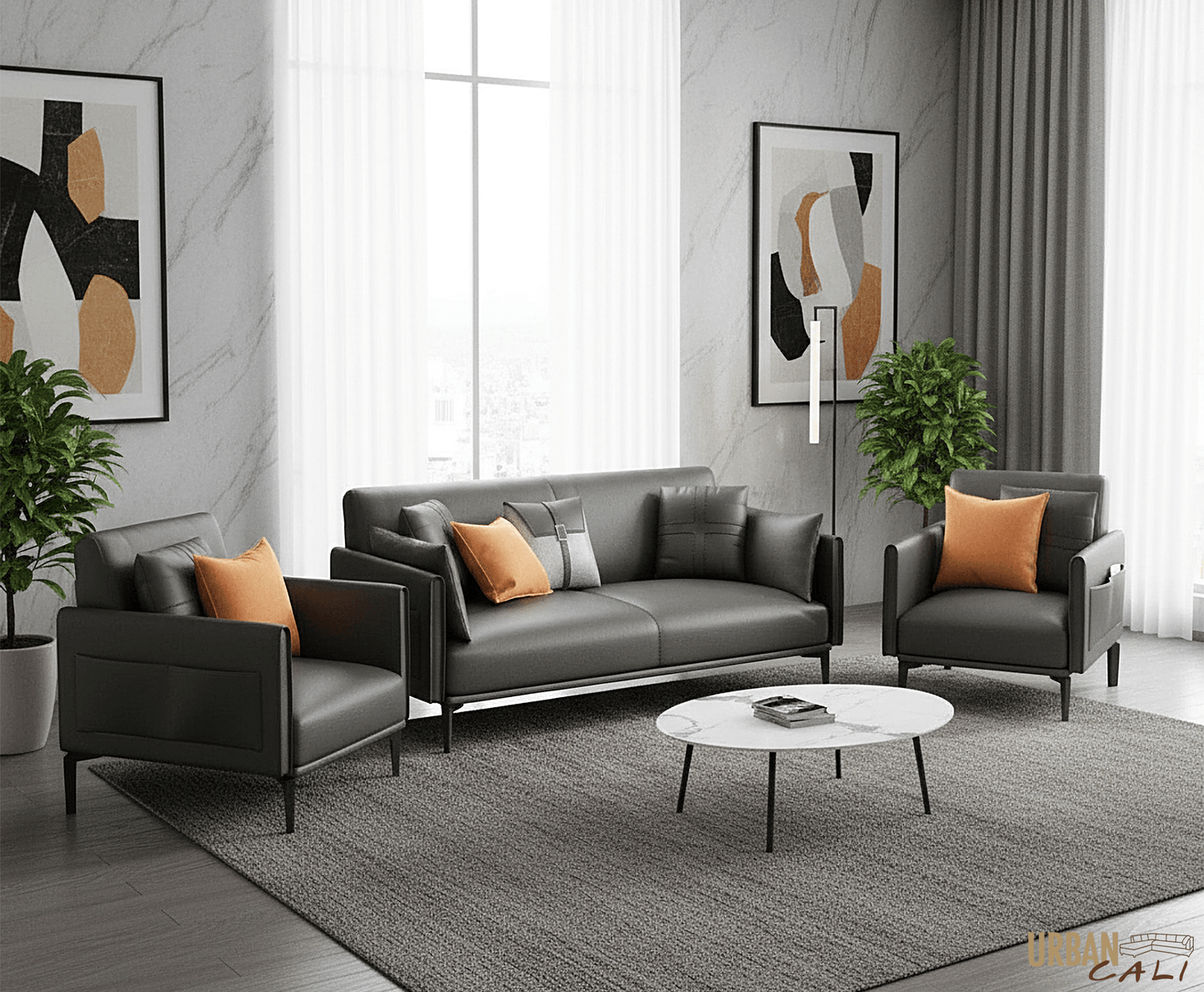 Pending - Urban Cali San Mateo 3 Piece Faux Leather Loveseat and 2 Chair Set in Grey