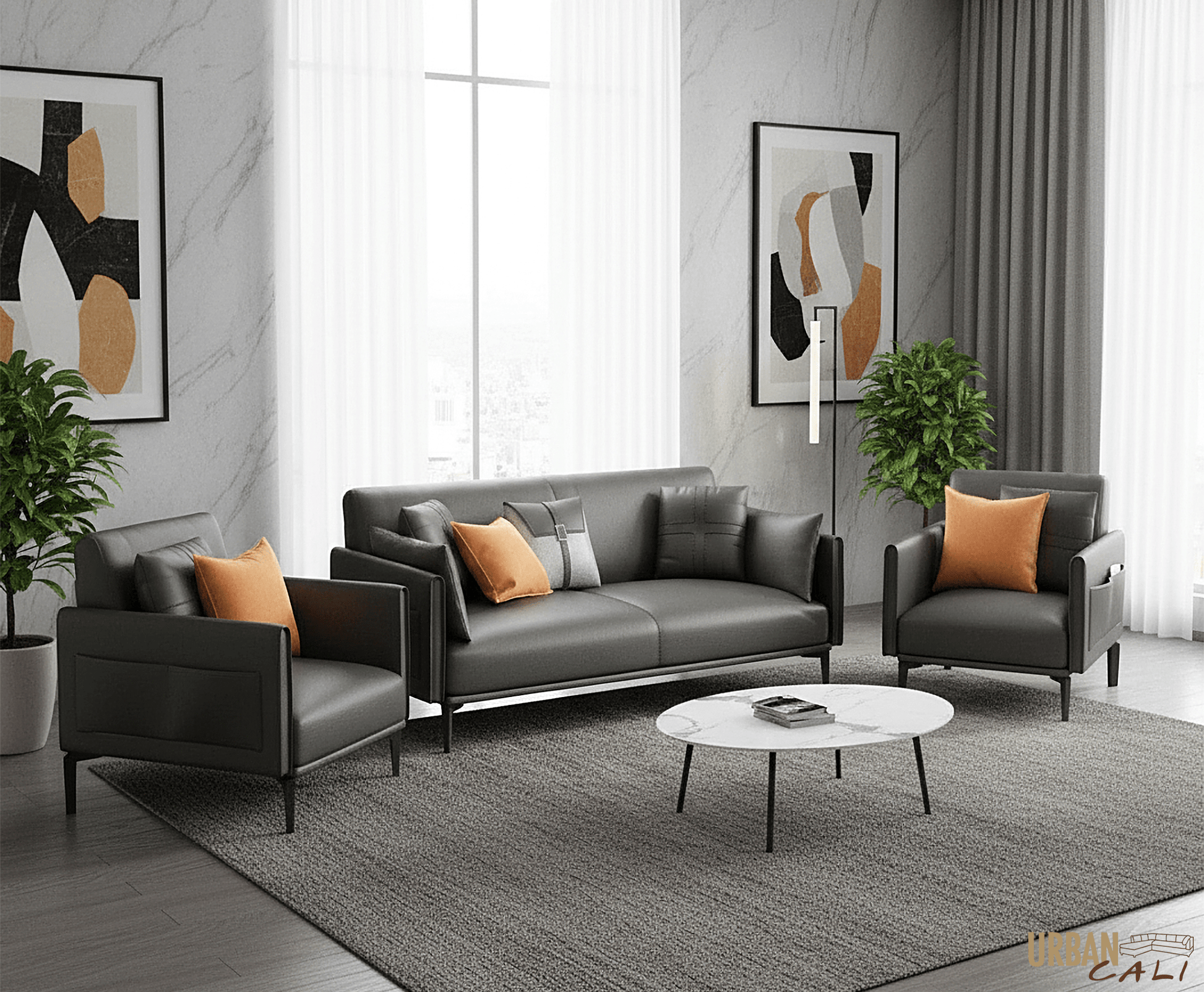 Pending - Urban Cali San Mateo 3 Piece Faux Leather Loveseat and 2 Chair Set in Grey