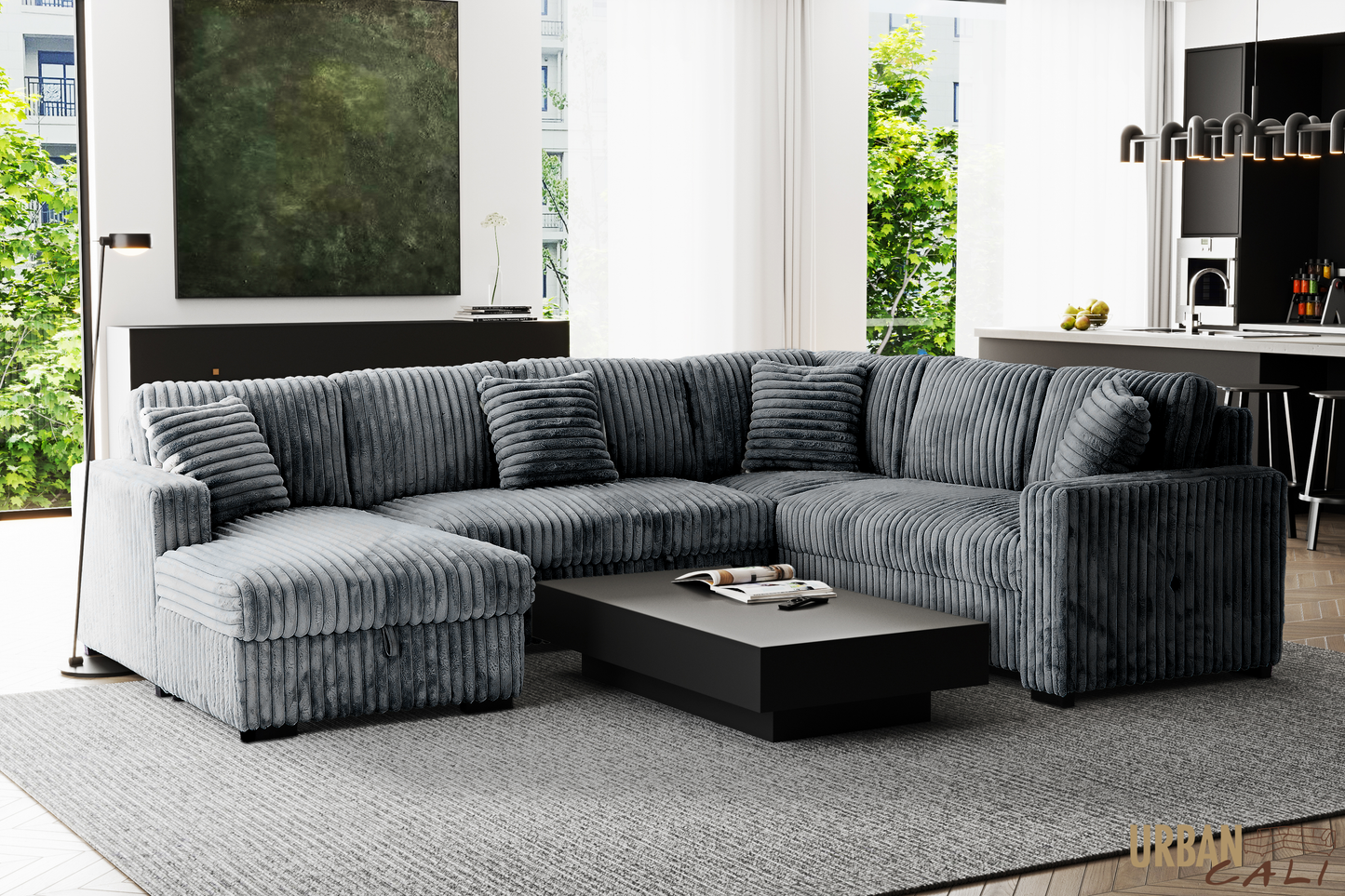Atherton 123.25" Wide Opulence Plush Minky Corduroy Large Sleeper Sectional Sofa Bed with Storage Chaise - Available in 2 Colours