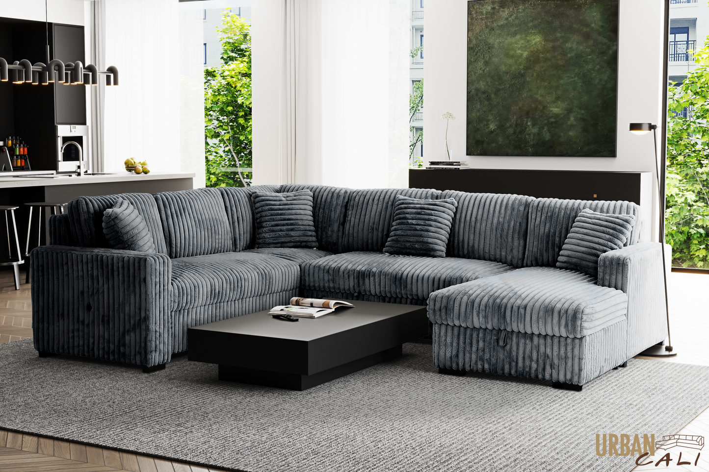 Atherton 123.25" Wide Opulence Plush Minky Corduroy Large Sleeper Sectional Sofa Bed with Storage Chaise - Available in 2 Colours