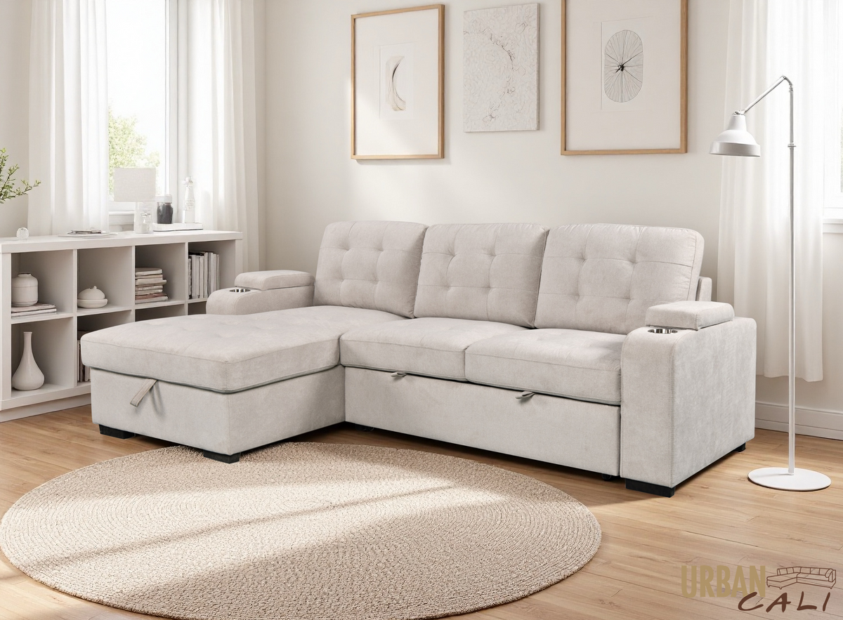 Avila 98.5" Wide Sleeper Sectional Sofa Bed with Cupholders and Storage Chaise - Available in 2 Colours