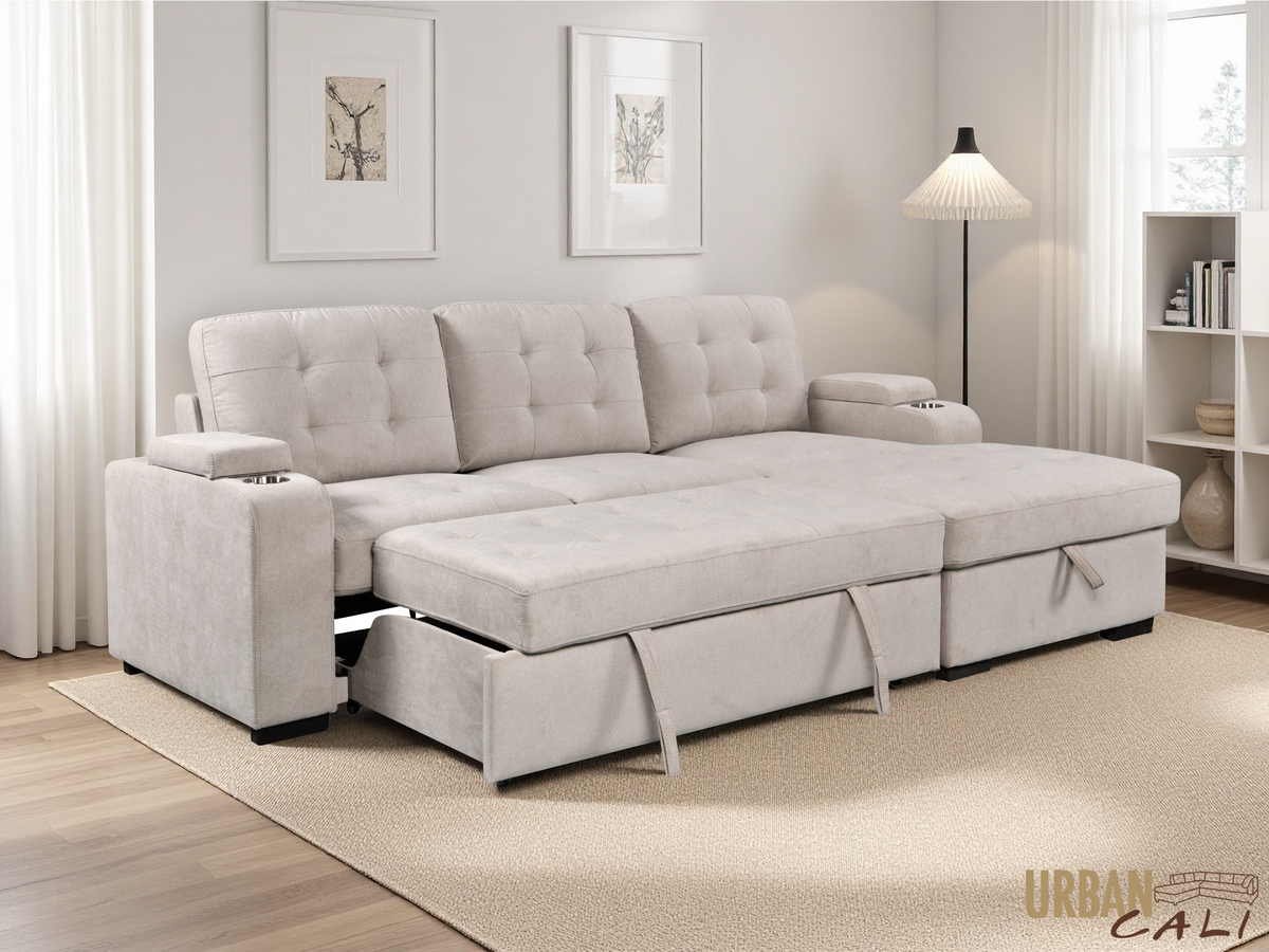 Avila 98.5" Wide Sleeper Sectional Sofa Bed with Cupholders and Storage Chaise - Available in 2 Colours