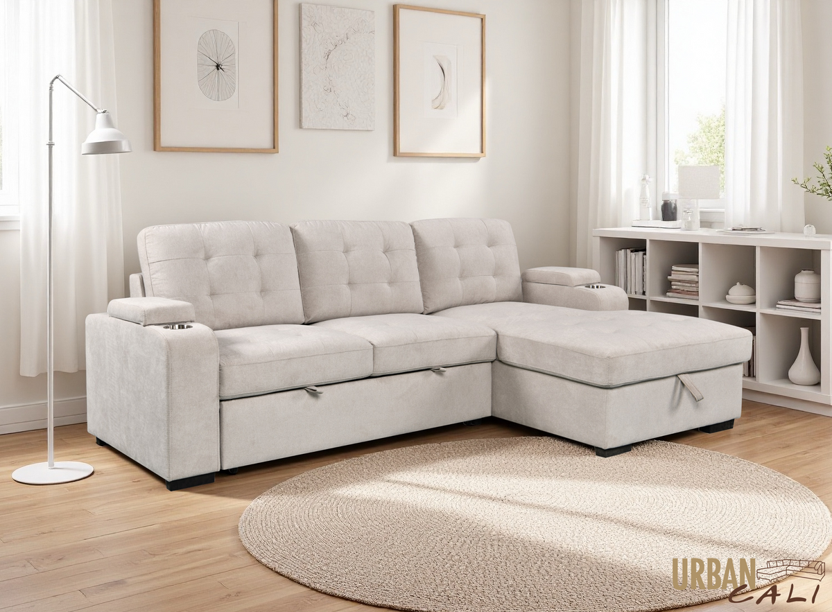 Avila 98.5" Wide Sleeper Sectional Sofa Bed with Cupholders and Storage Chaise - Available in 2 Colours