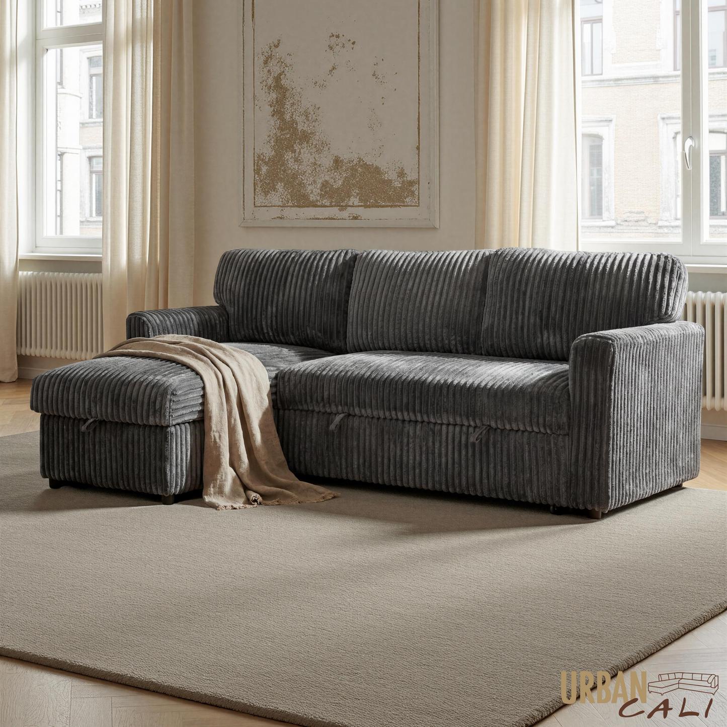 Calabasas Minky Corduroy Reversible Sleeper Sectional Sofa Bed with Storage Chaise – Available in 2 Colours