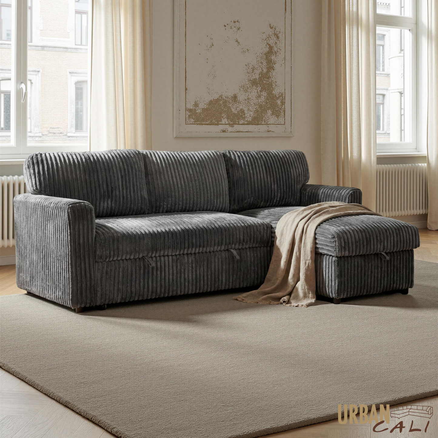 Calabasas Minky Corduroy Reversible Sleeper Sectional Sofa Bed with Storage Chaise – Available in 2 Colours