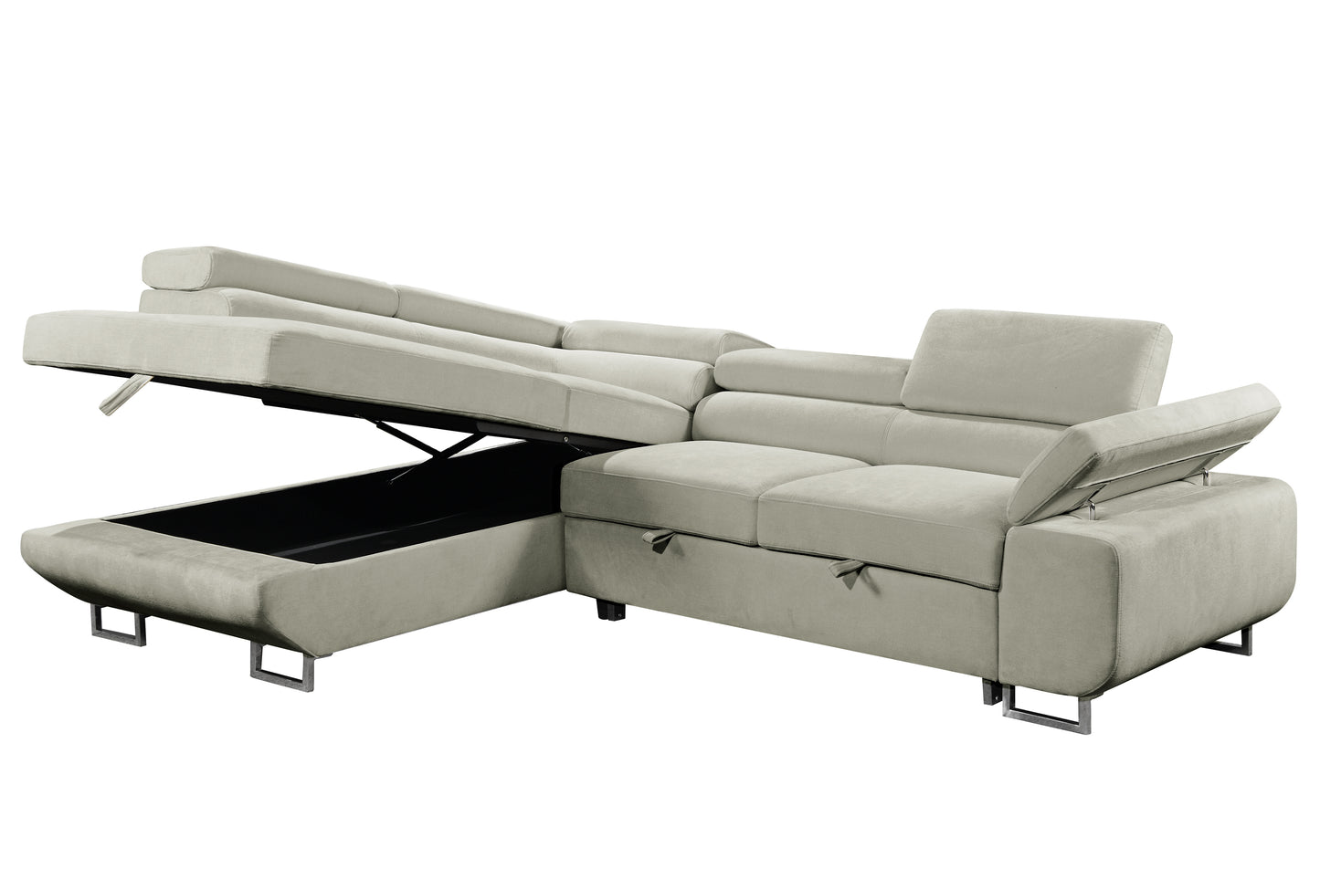 Hollywood Sleeper Sectional Sofa Bed with Adjustable Headrests and Storage Chaise - Available in 3 Colours