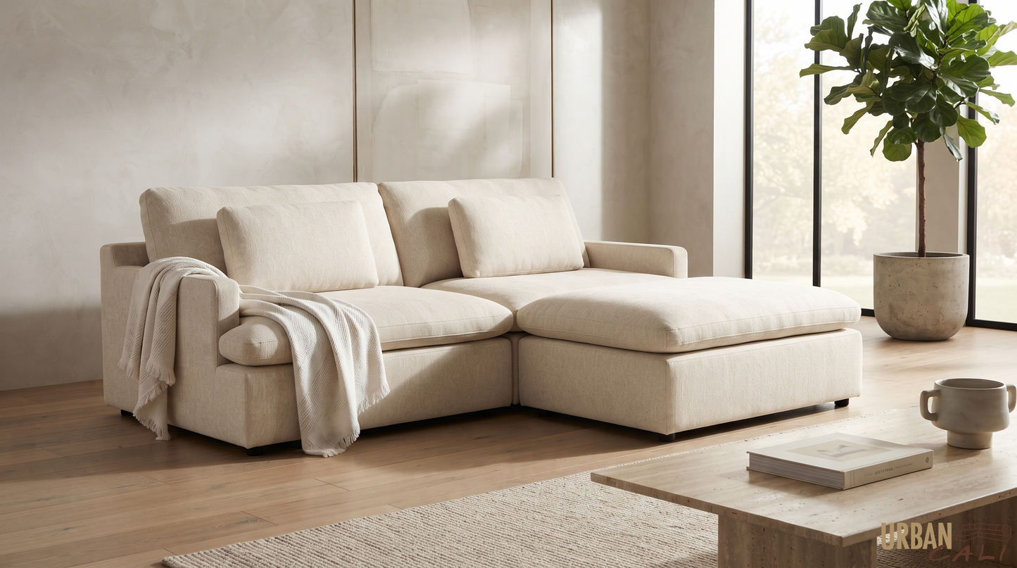 Long Beach Small Modular Sectional Sofa with Ottoman - Available in 3 Colours