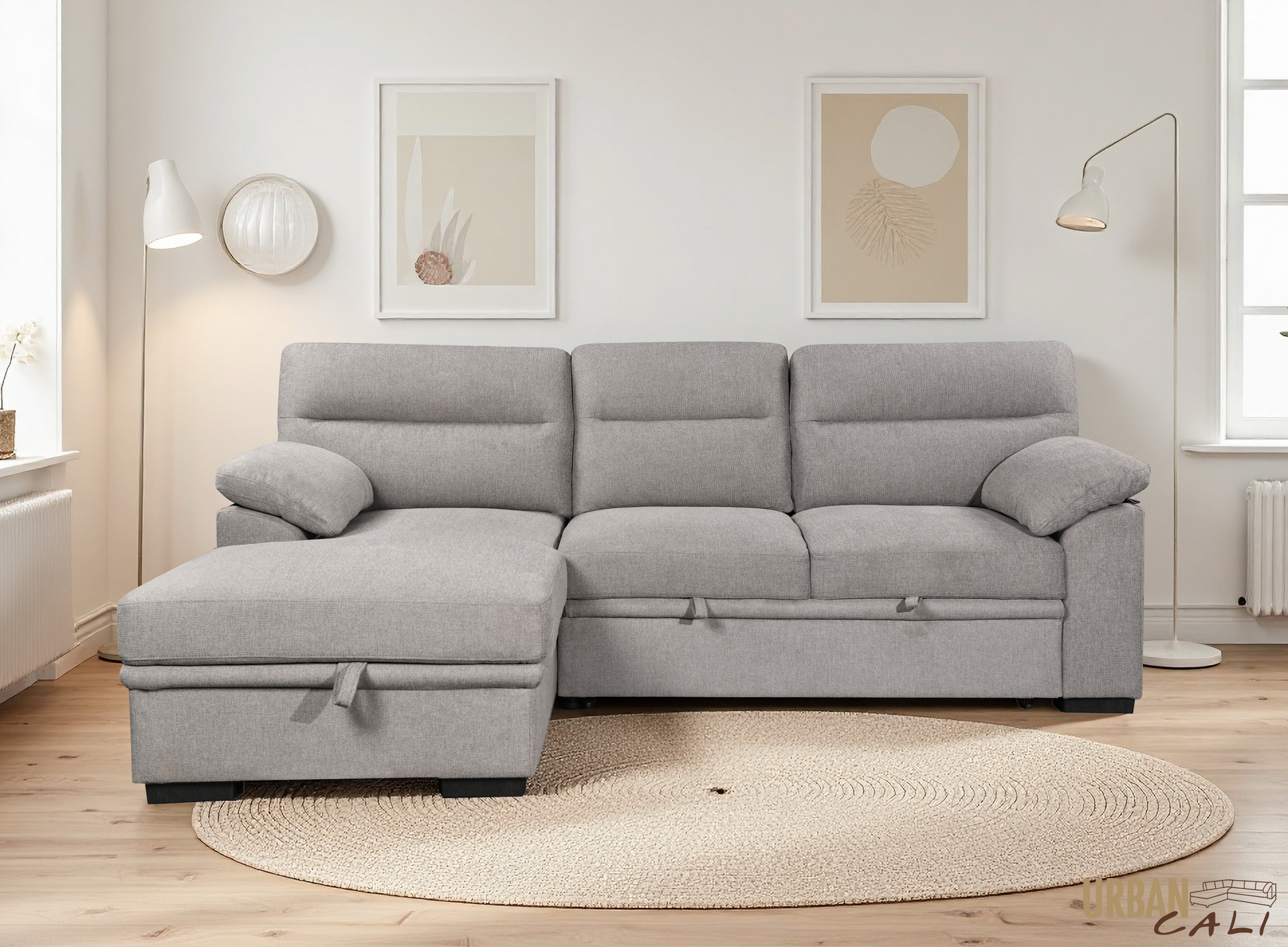 Urban Cali Malibu 94.5" Wide Sleeper Sectional Sofa Bed with Pull Down Tray, Cupholders Wireless Charger and Storage Chaise, image 27