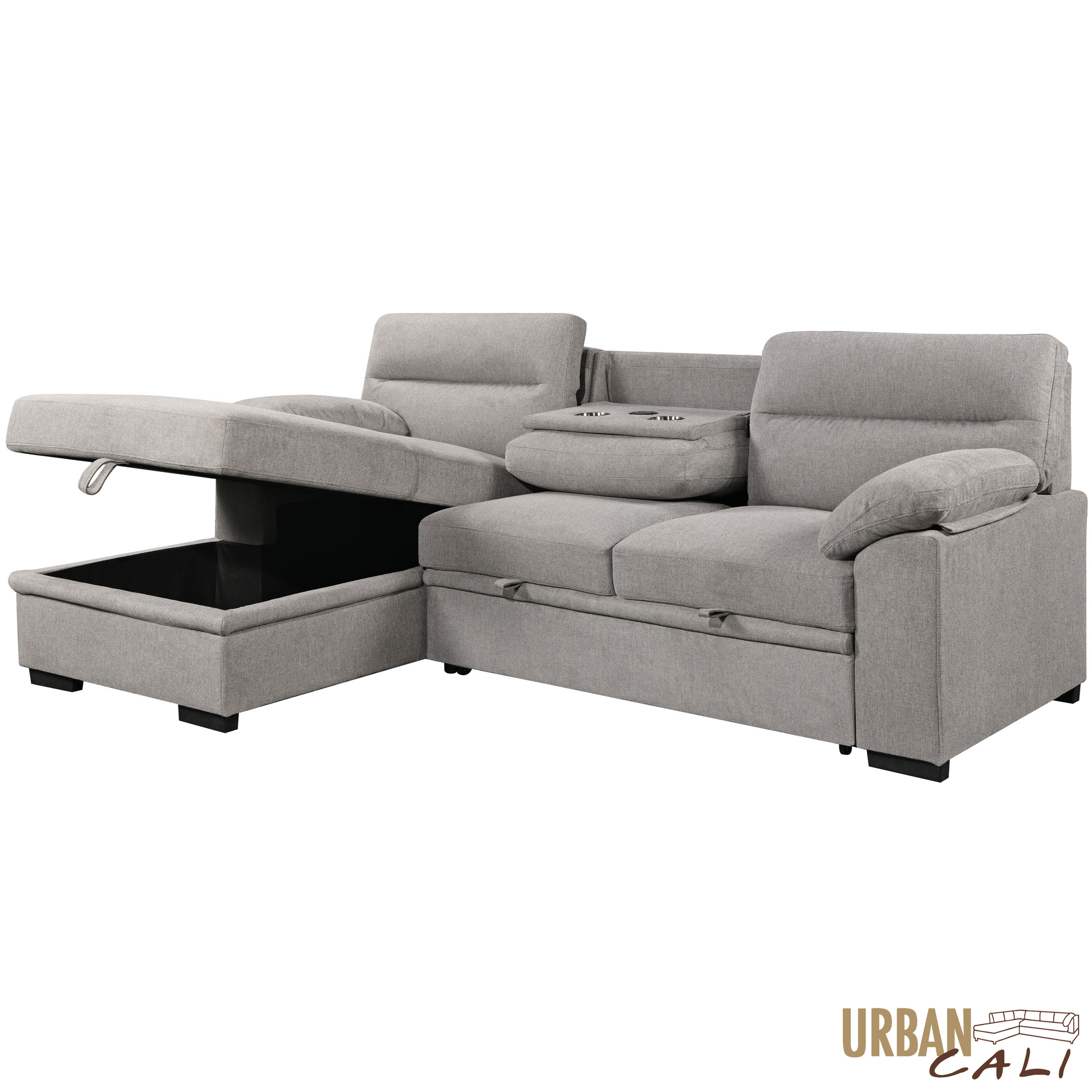 Urban Cali Malibu 94.5" Wide Sleeper Sectional Sofa Bed with Pull Down Tray, Cupholders Wireless Charger and Storage Chaise, image 29