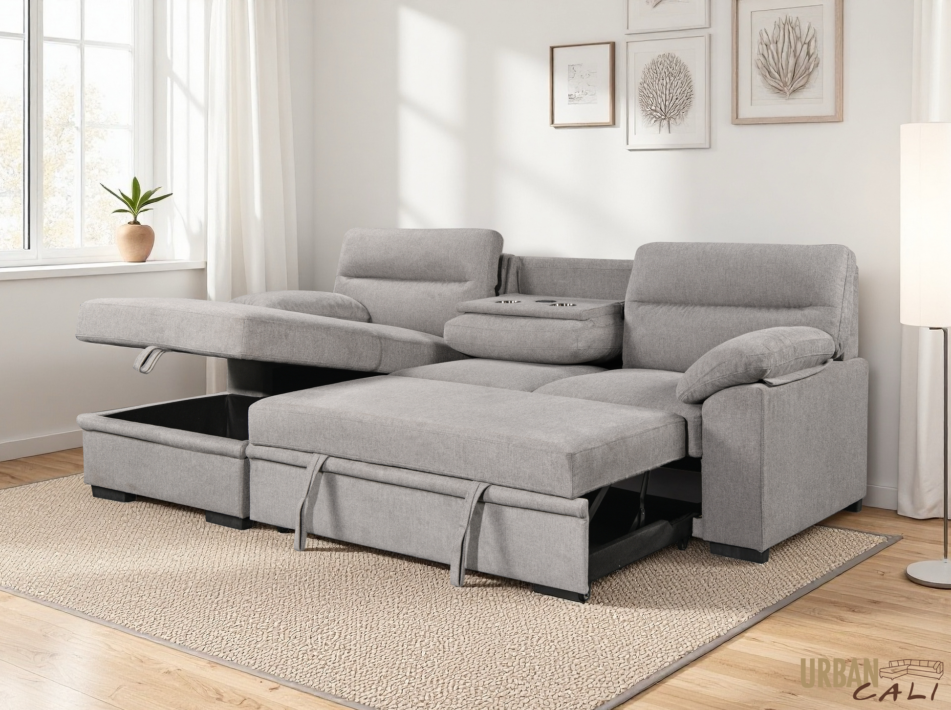 Urban Cali Malibu 94.5" Wide Sleeper Sectional Sofa Bed with Pull Down Tray, Cupholders Wireless Charger and Storage Chaise, image 26