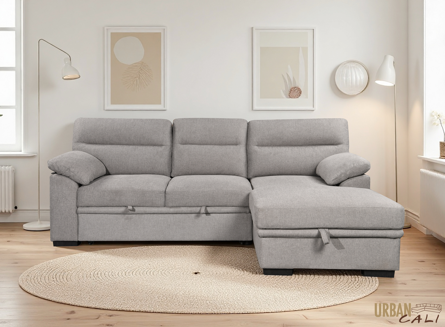 Urban Cali Malibu 94.5" Wide Sleeper Sectional Sofa Bed with Pull Down Tray, Cupholders Wireless Charger and Storage Chaise, image 35