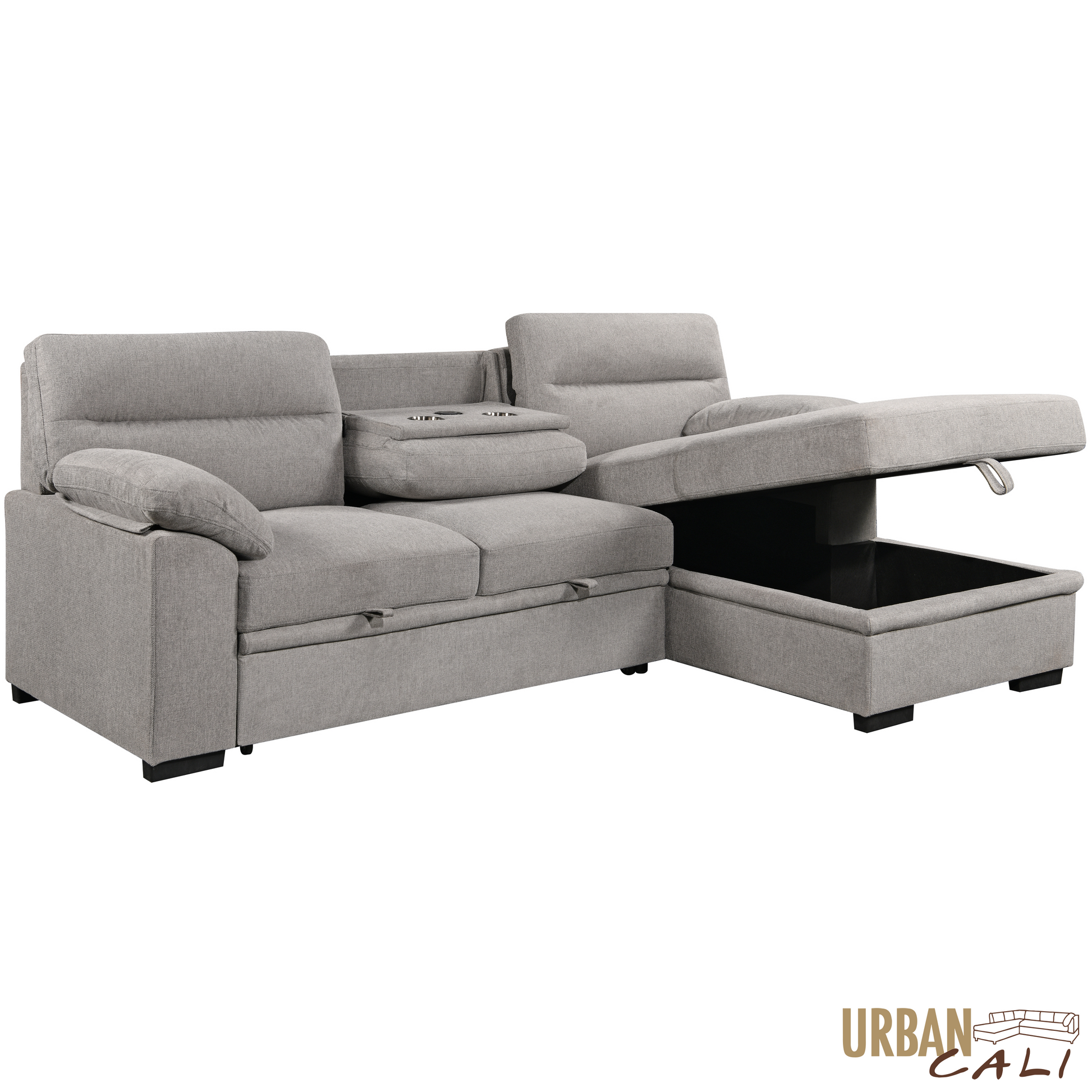 Urban Cali Malibu 94.5" Wide Sleeper Sectional Sofa Bed with Pull Down Tray, Cupholders Wireless Charger and Storage Chaise, image 37