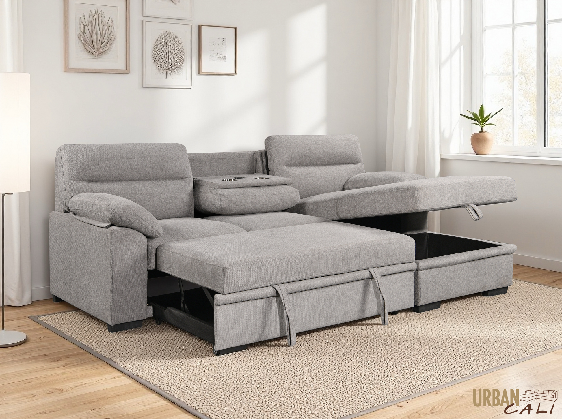 Urban Cali Malibu 94.5" Wide Sleeper Sectional Sofa Bed with Pull Down Tray, Cupholders Wireless Charger and Storage Chaise, image 34