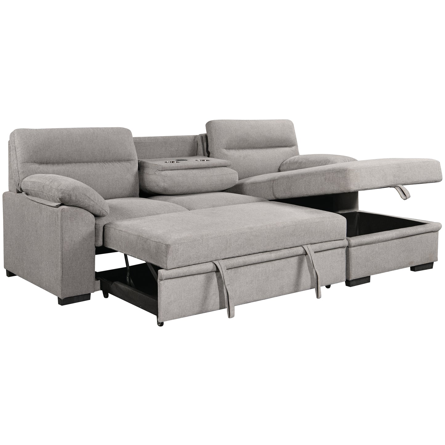 Urban Cali Malibu 94.5" Wide Sleeper Sectional Sofa Bed with Pull Down Tray, Cupholders Wireless Charger and Storage Chaise, image 36