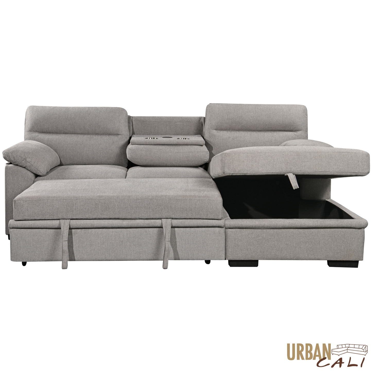 Urban Cali Malibu 94.5" Wide Sleeper Sectional Sofa Bed with Pull Down Tray, Cupholders Wireless Charger and Storage Chaise, image 40