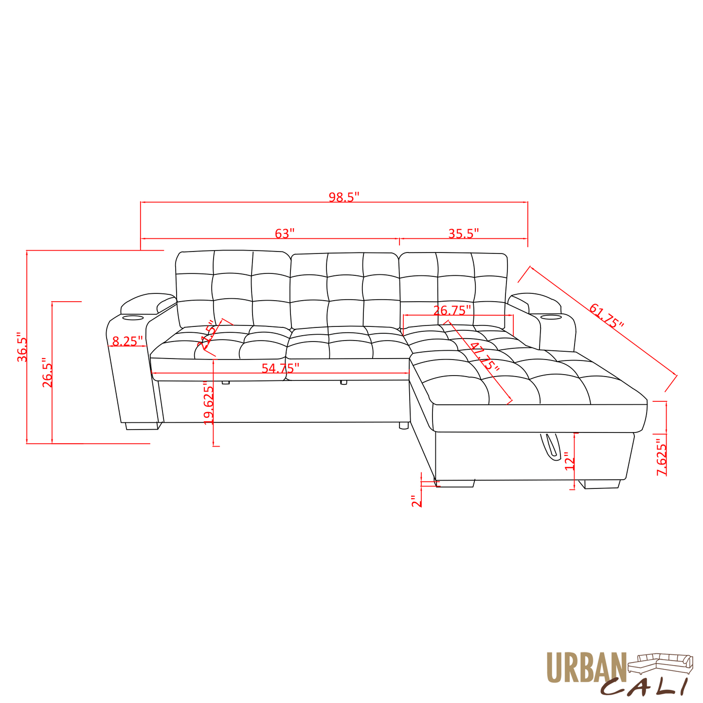 Urban Cali Sectional Avila 98.5" Wide Sleeper Sectional Sofa Bed with Cupholders and Storage Chaise in Ulani Ash
