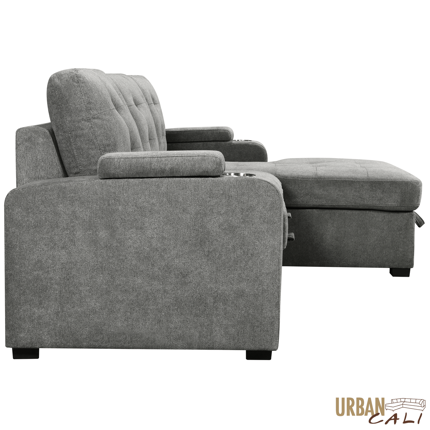Urban Cali Sectional Avila 98.5" Wide Sleeper Sectional Sofa Bed with Cupholders and Storage Chaise in Ulani Ash