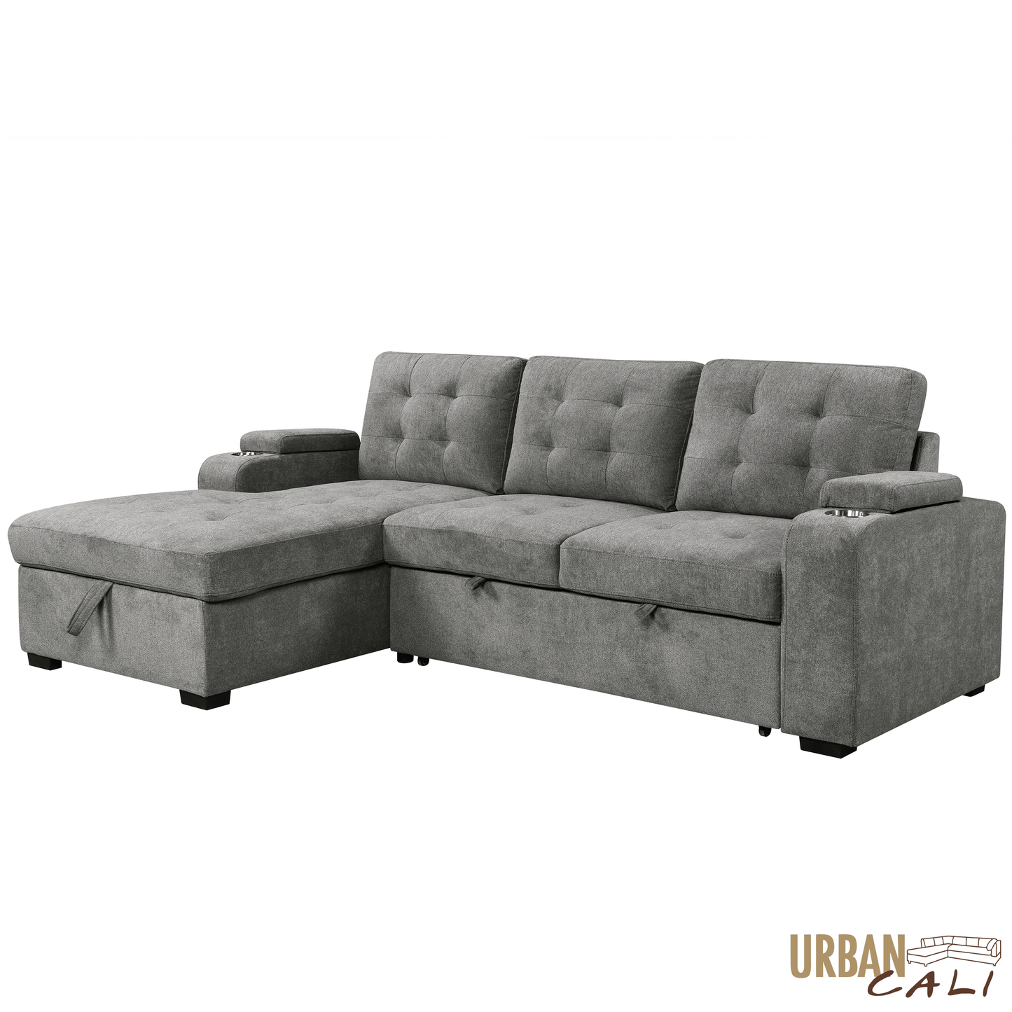 Urban Cali Sectional Avila 98.5" Wide Sleeper Sectional Sofa Bed with Cupholders and Storage Chaise in Ulani Ash