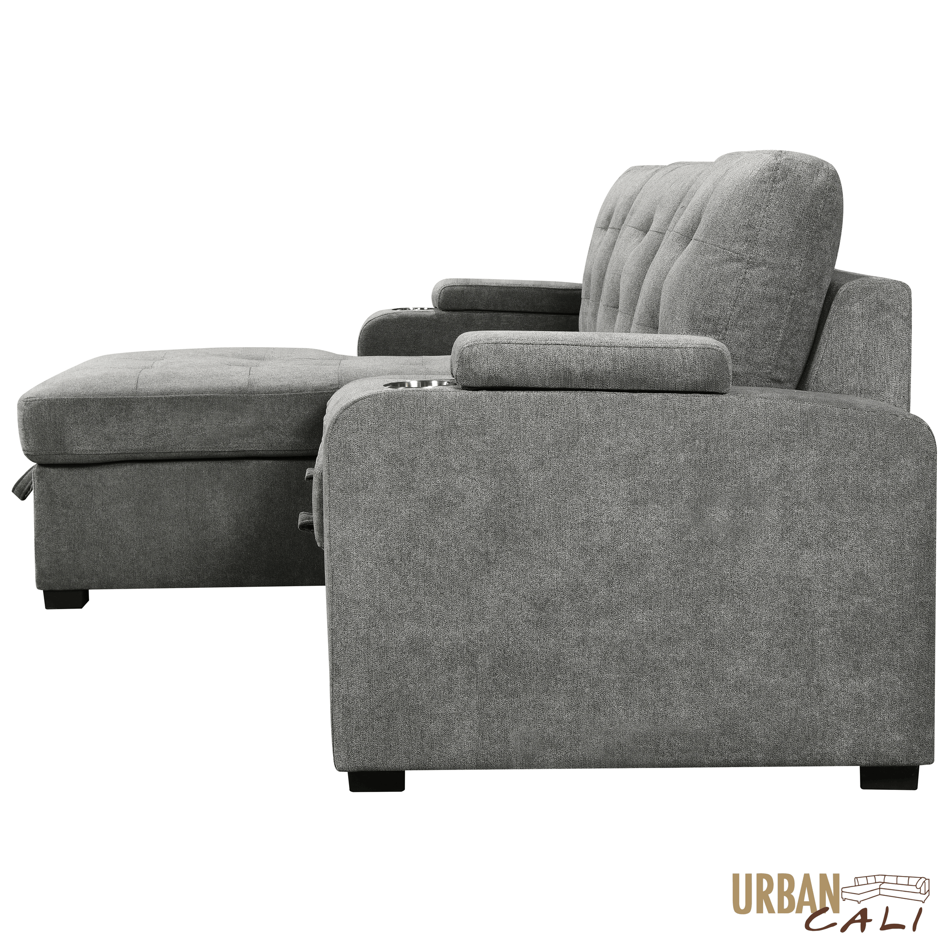 Urban Cali Sectional Avila 98.5" Wide Sleeper Sectional Sofa Bed with Cupholders and Storage Chaise in Ulani Ash