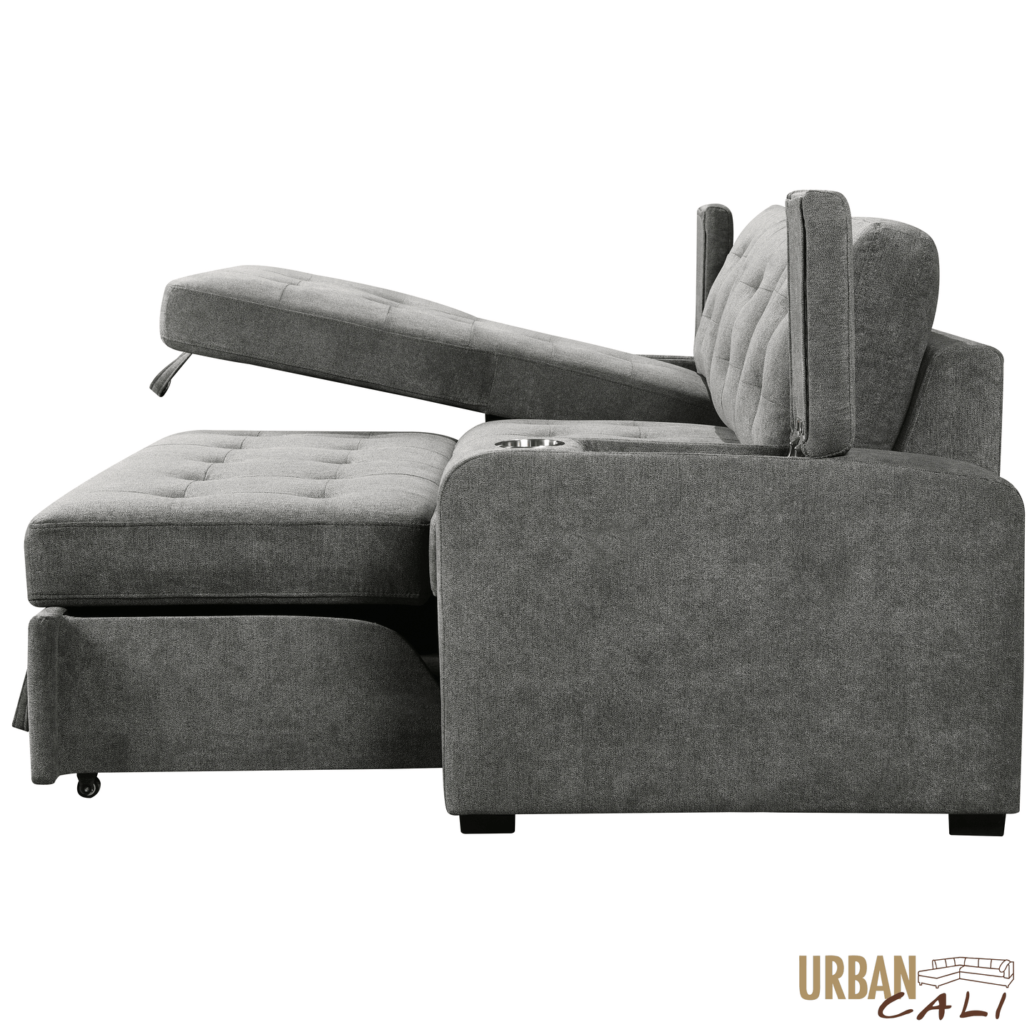 Urban Cali Sectional Avila 98.5" Wide Sleeper Sectional Sofa Bed with Cupholders and Storage Chaise in Ulani Ash