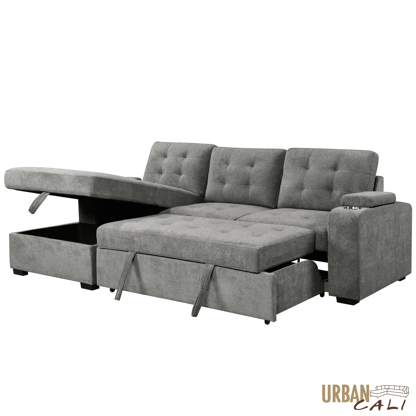 Urban Cali Sectional Avila 98.5" Wide Sleeper Sectional Sofa Bed with Cupholders and Storage Chaise in Ulani Ash