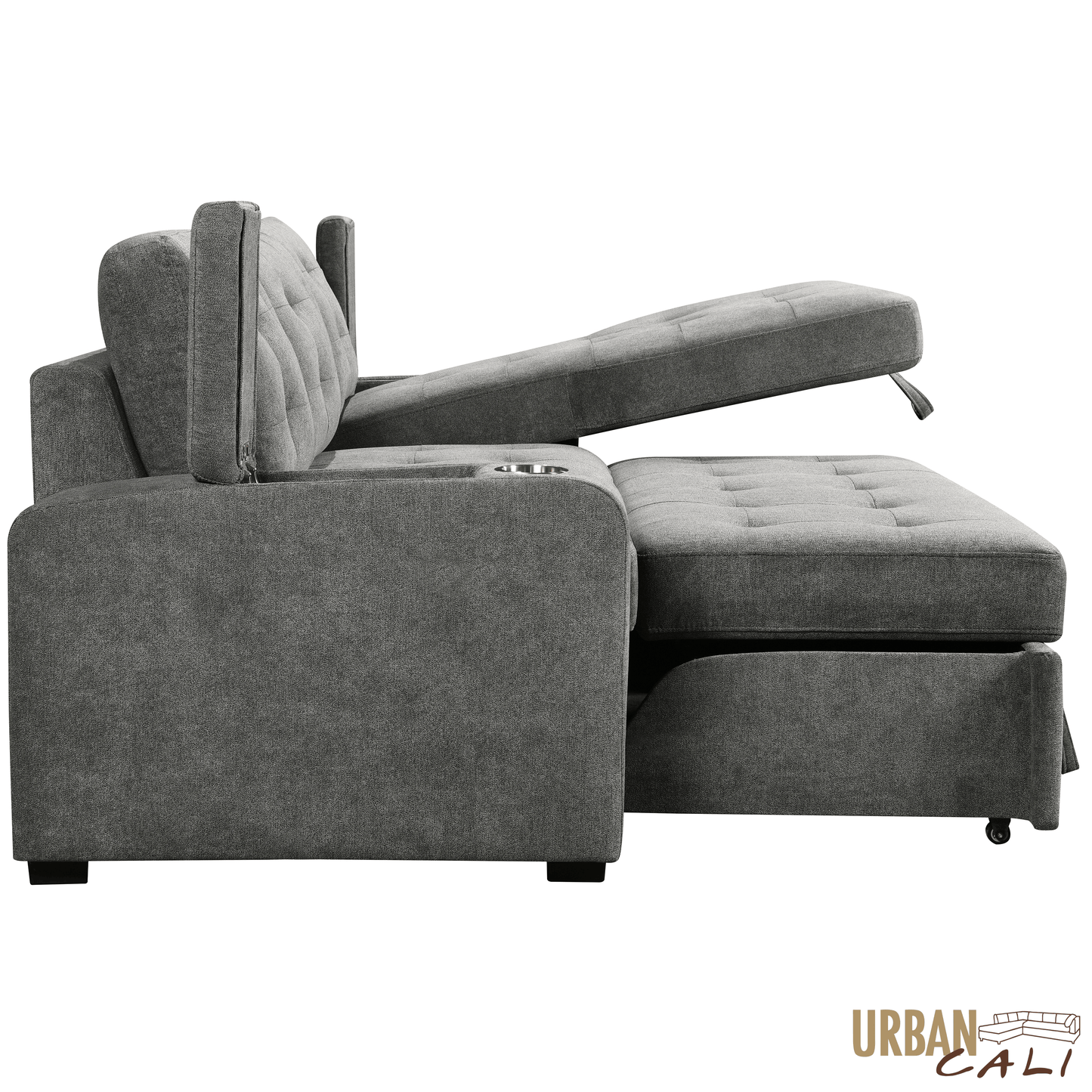 Urban Cali Sectional Avila 98.5" Wide Sleeper Sectional Sofa Bed with Cupholders and Storage Chaise in Ulani Ash