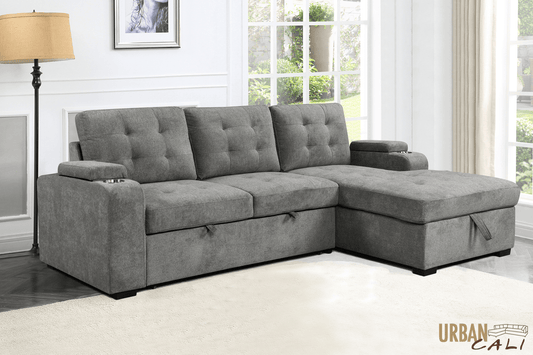 Urban Cali Sectional Avila 98.5" Wide Sleeper Sectional Sofa Bed with Cupholders and Storage Chaise in Ulani Ash