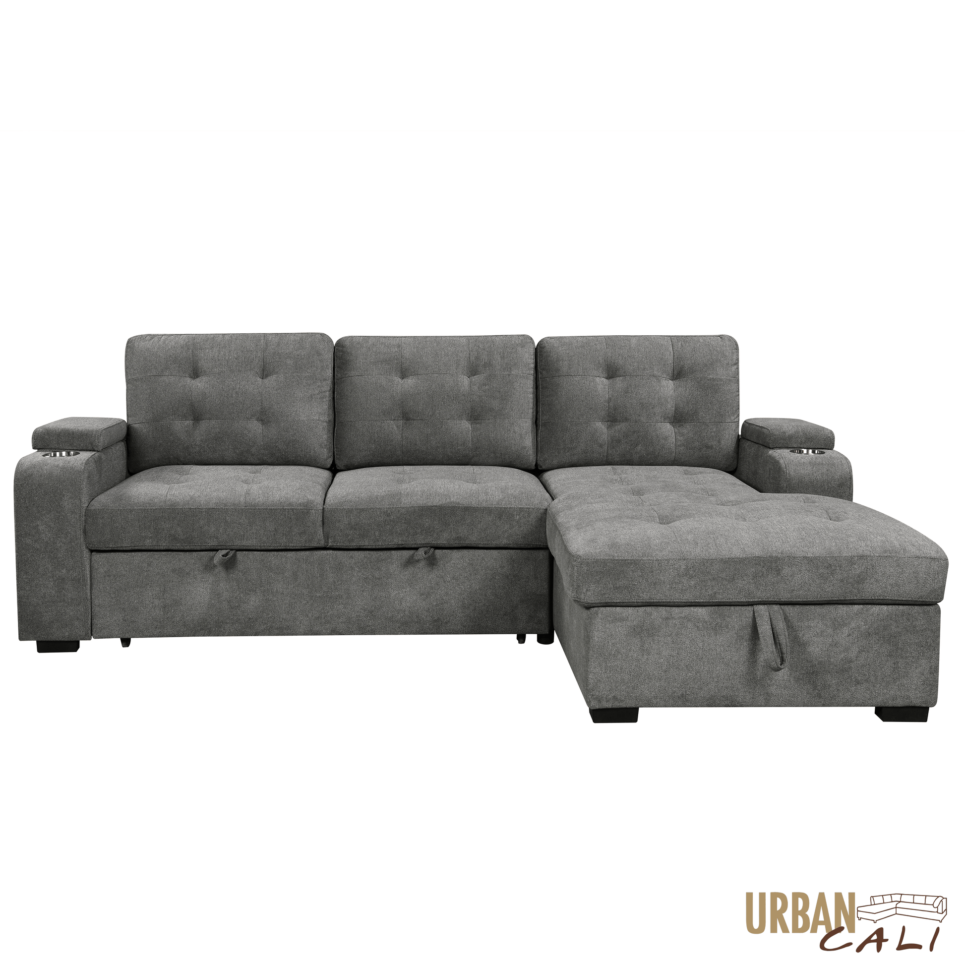 Urban Cali Sectional Avila 98.5" Wide Sleeper Sectional Sofa Bed with Cupholders and Storage Chaise in Ulani Ash