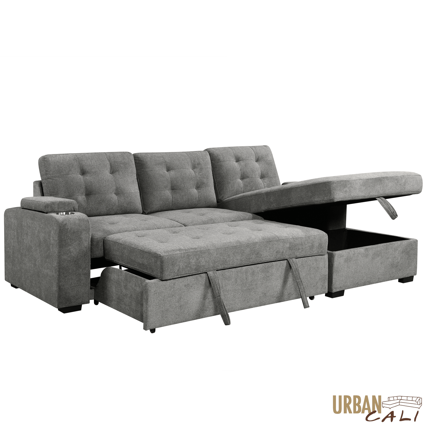 Urban Cali Sectional Avila 98.5" Wide Sleeper Sectional Sofa Bed with Cupholders and Storage Chaise in Ulani Ash