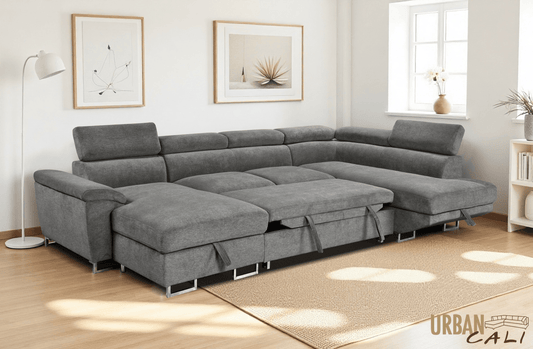 Urban Cali Sectional Burbank 130" Wide Large Sleeper Sectional Sofa Bed with Adjustable Headrests and Storage Chaises in Ulani Ash
