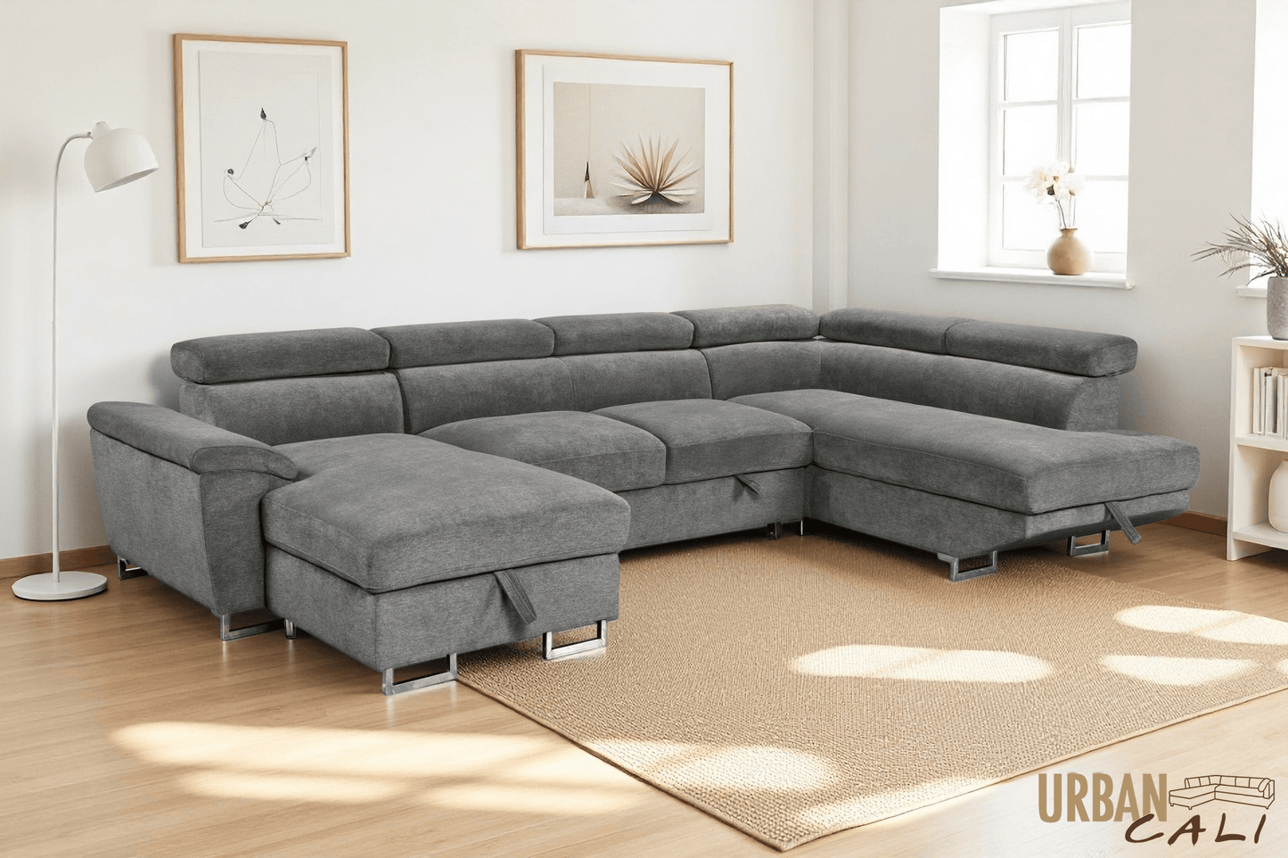 Urban Cali Sectional Burbank 130" Wide Large Sleeper Sectional Sofa Bed with Adjustable Headrests and Storage Chaises in Ulani Ash
