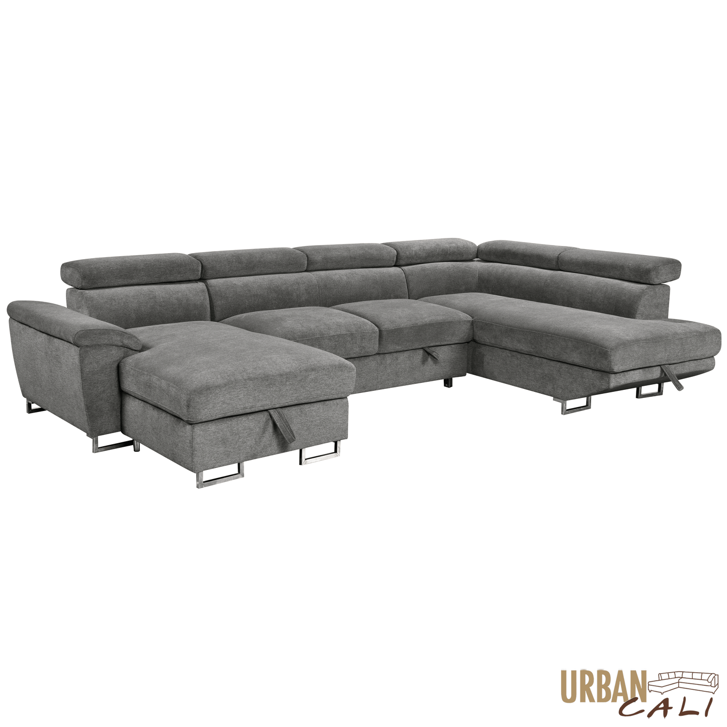 Urban Cali Sectional Burbank 130" Wide Large Sleeper Sectional Sofa Bed with Adjustable Headrests and Storage Chaises in Ulani Ash