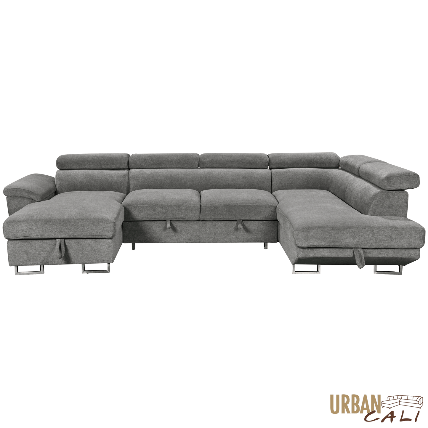 Urban Cali Sectional Burbank 130" Wide Large Sleeper Sectional Sofa Bed with Adjustable Headrests and Storage Chaises in Ulani Ash
