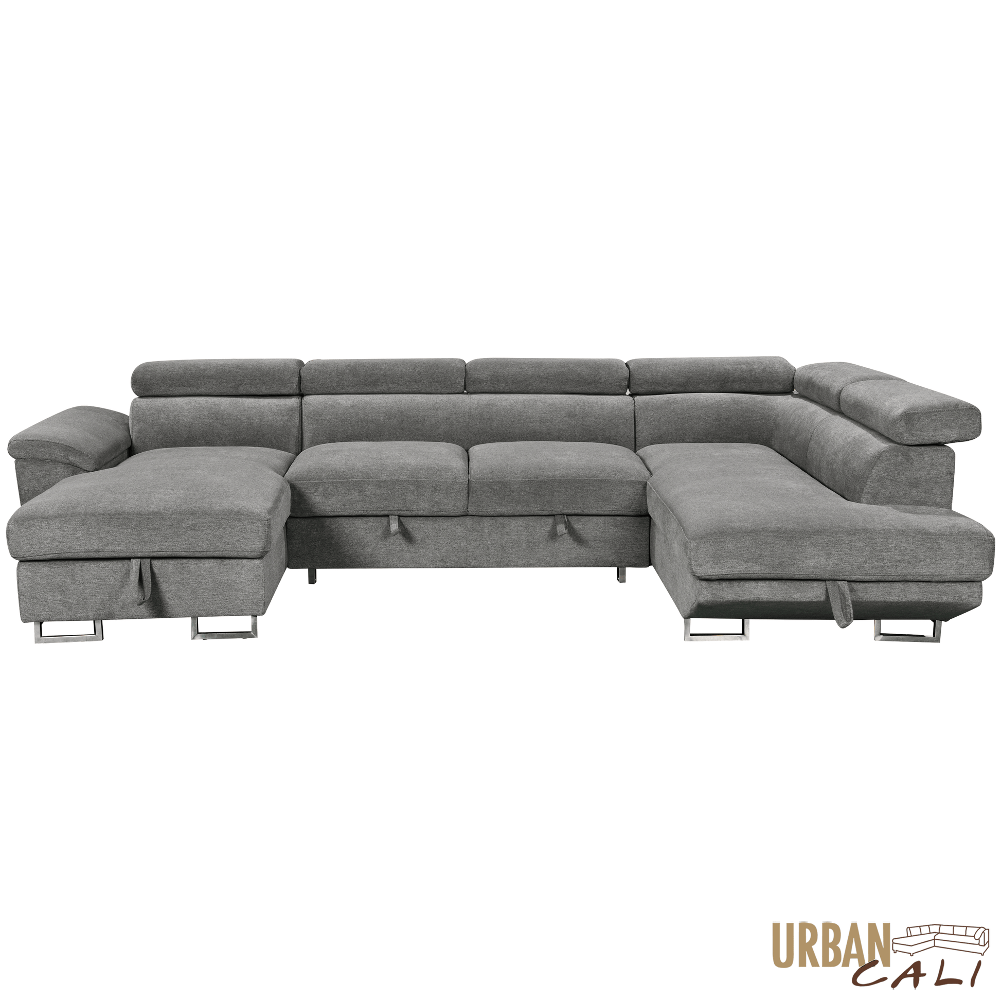 Urban Cali Sectional Burbank 130" Wide Large Sleeper Sectional Sofa Bed with Adjustable Headrests and Storage Chaises in Ulani Ash